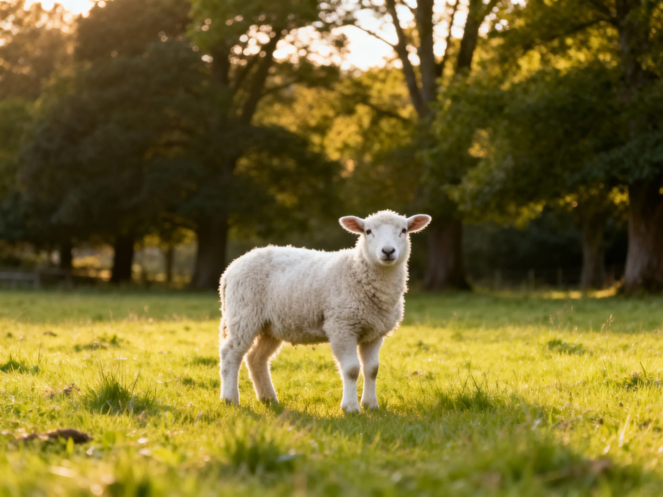 A young white lamb in a sunlit grassy field near trees.