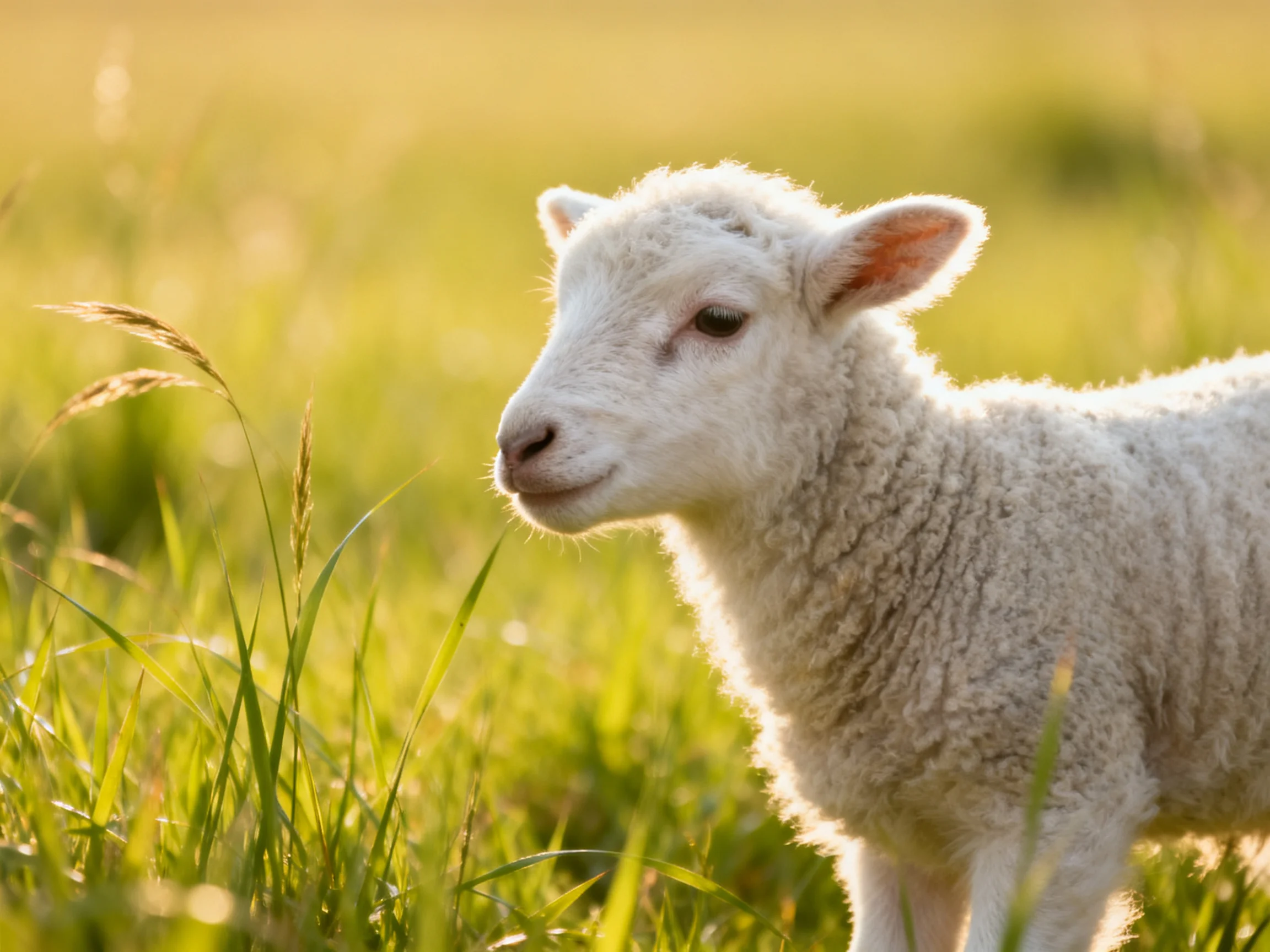 A young sheep stands in a sunlit grassy field.