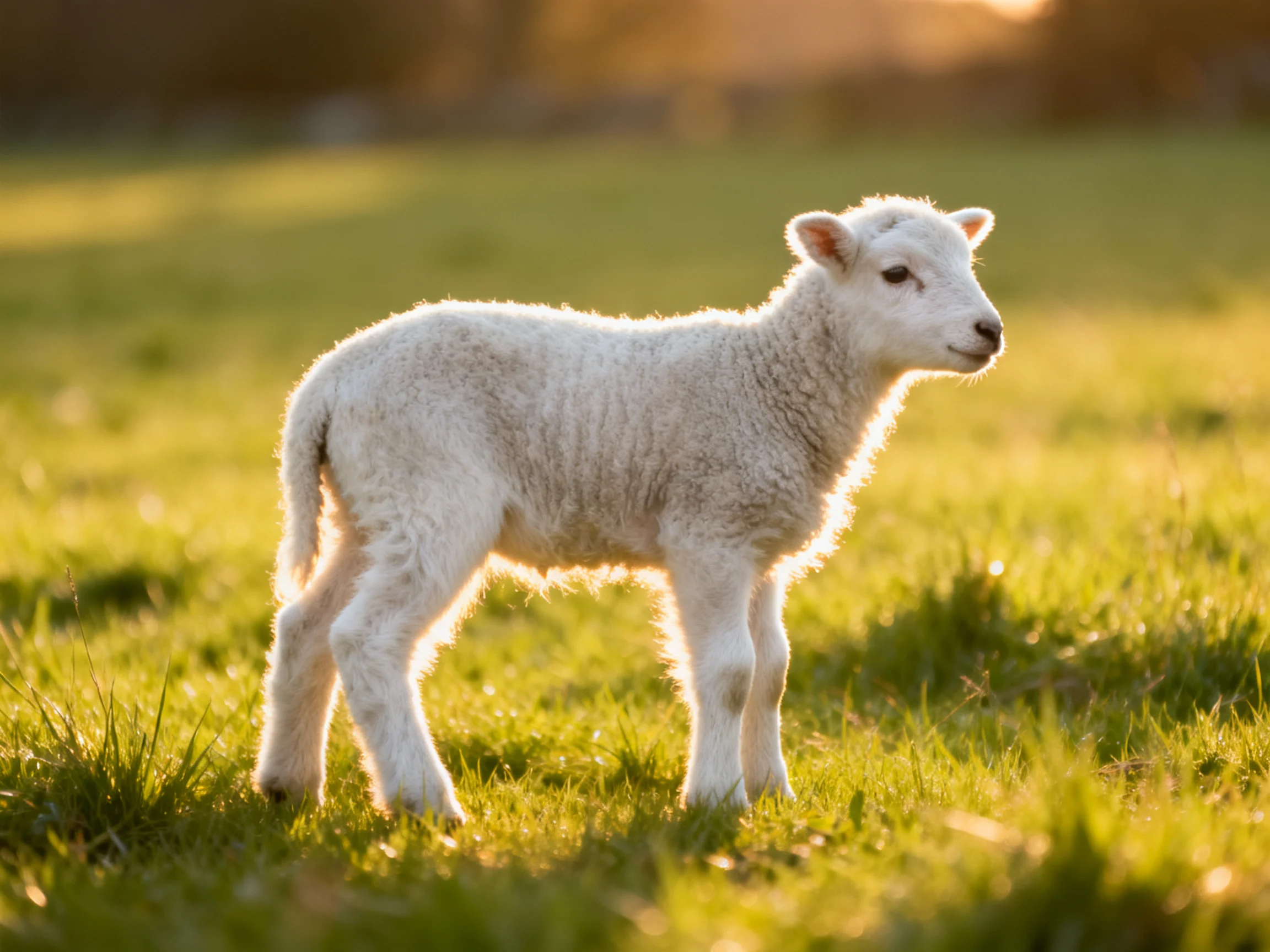 A young white lamb in a sunlit green meadow