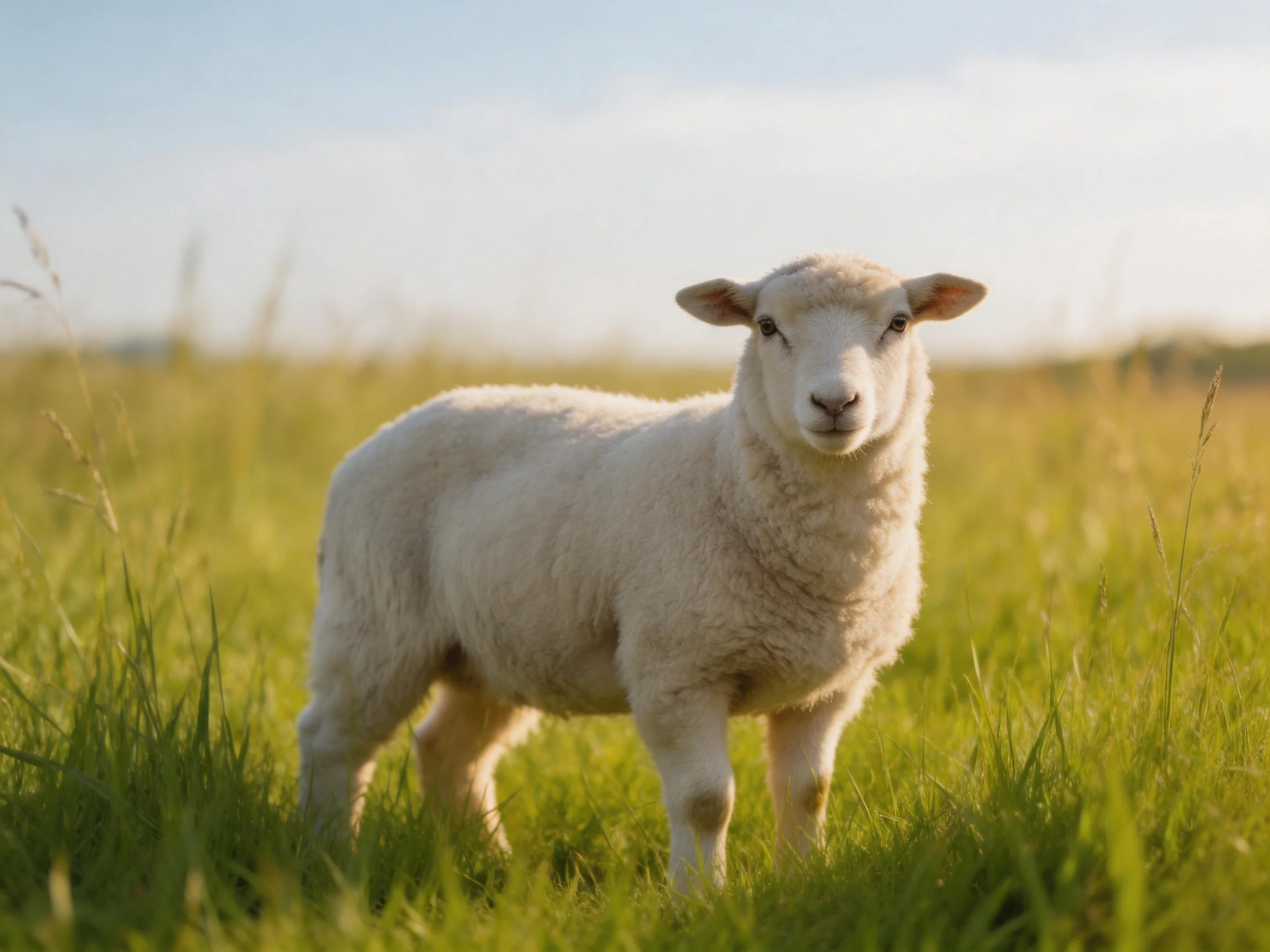 A young sheep stands in a sunlit grassy field.