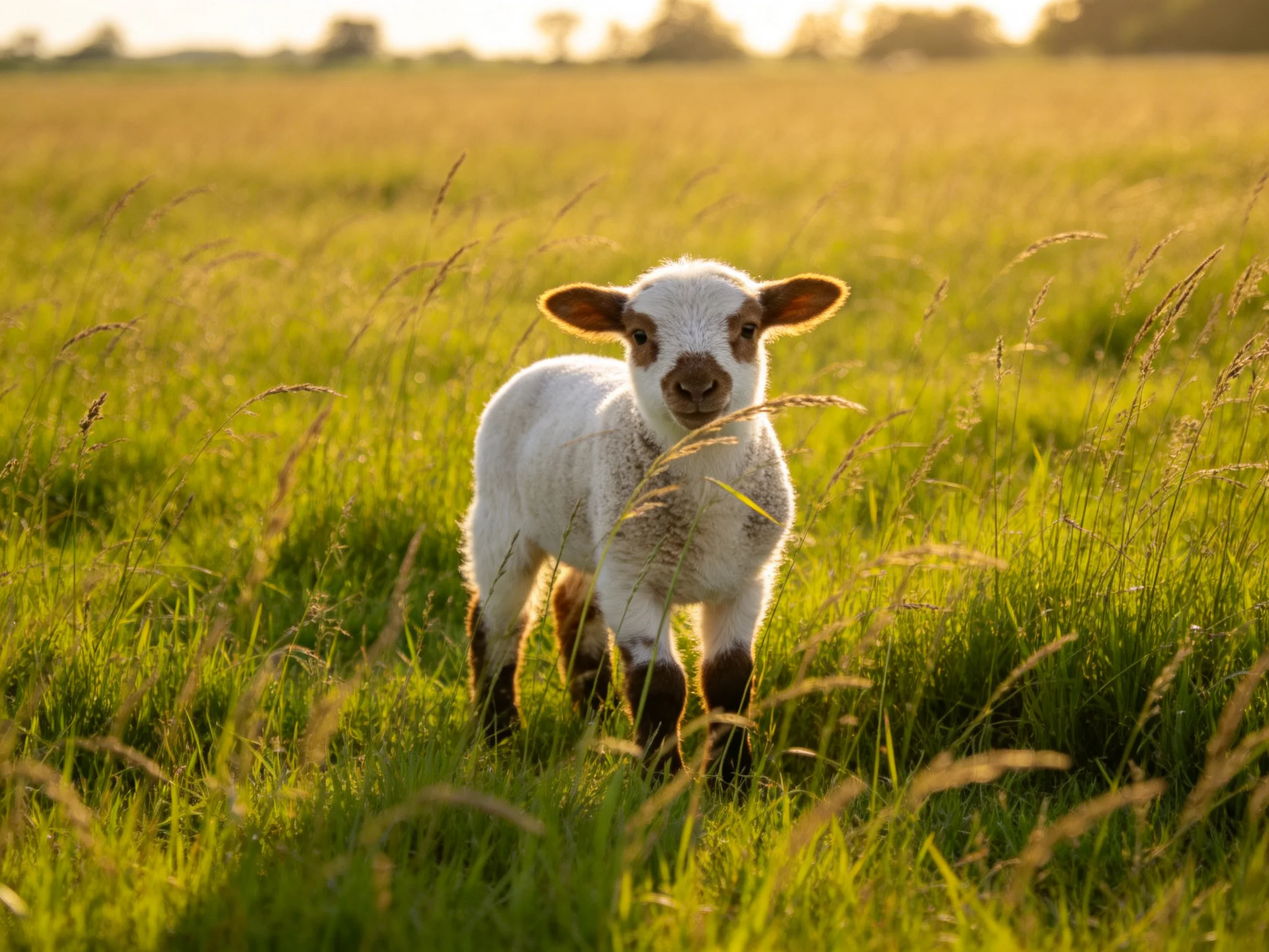 A young white lamb in a sunlit green meadow