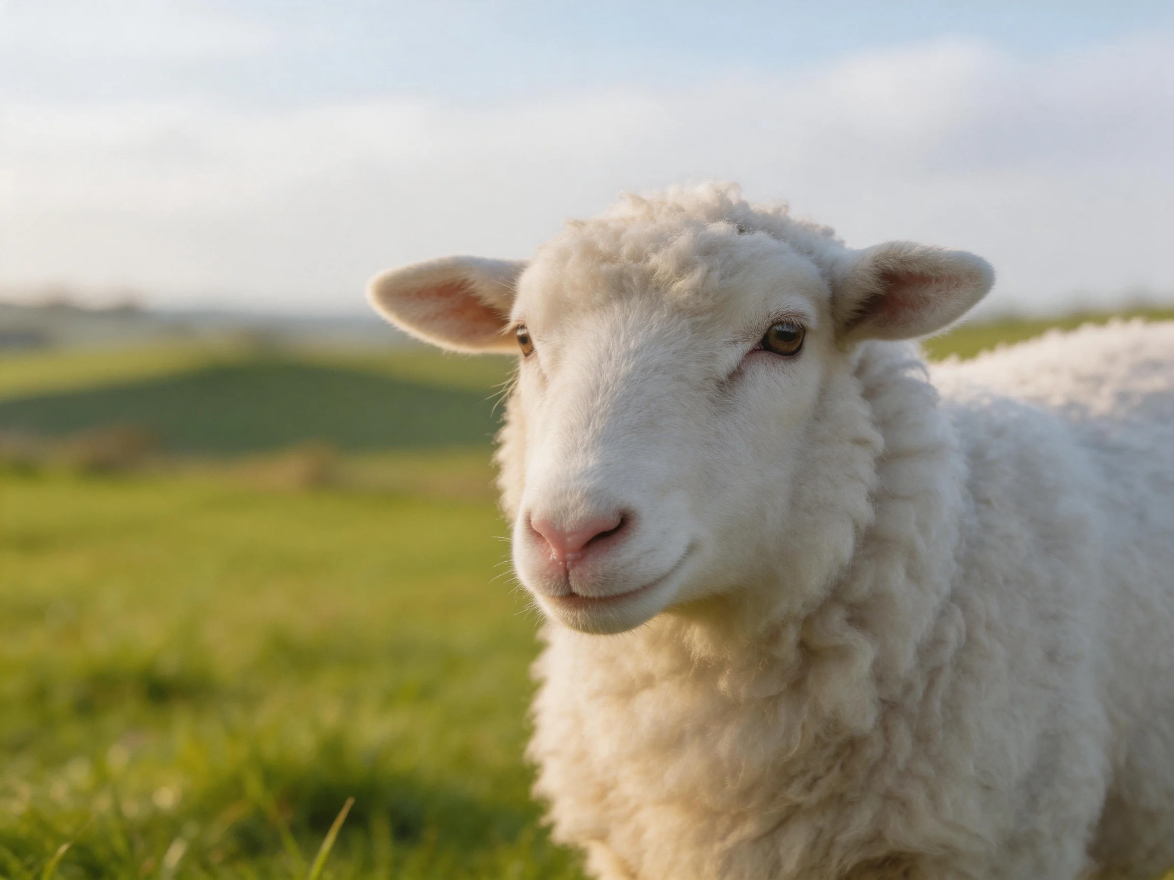 A young white lamb stands in a sunlit green pasture.