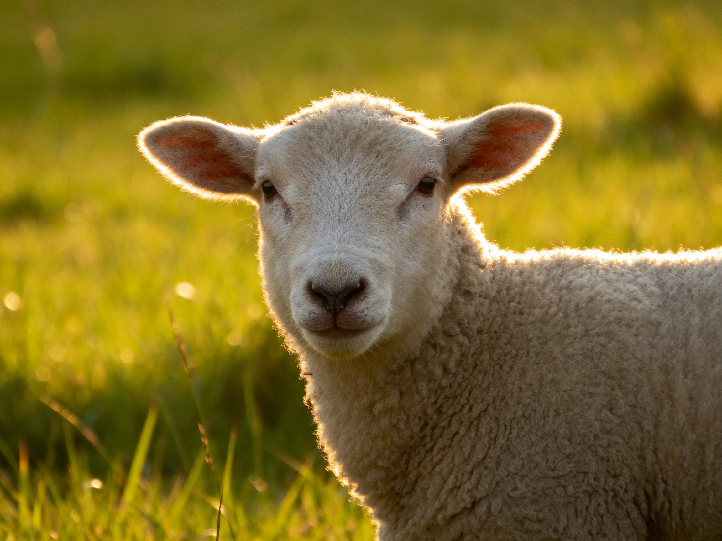 A young white lamb in sunlit green meadow