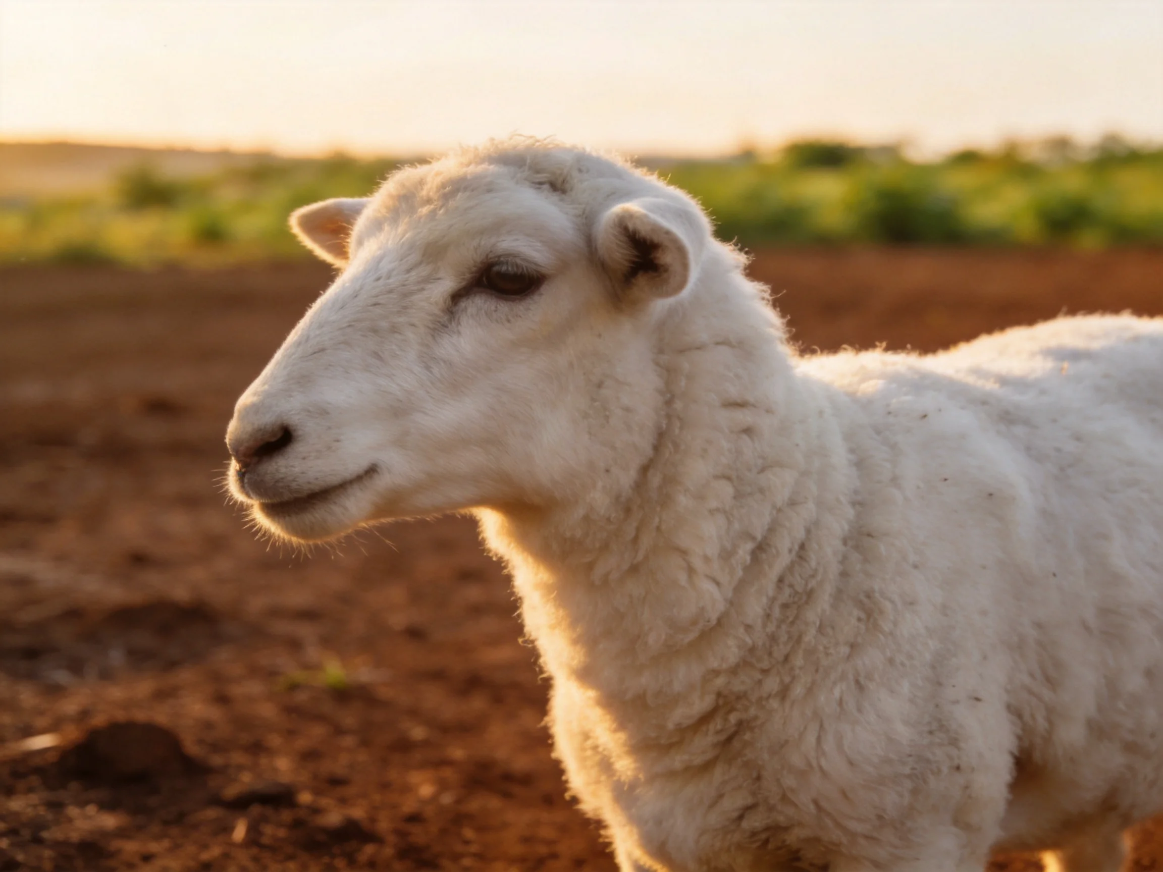 A young white lamb on reddish-brown soil near green vegetation under golden-hour light