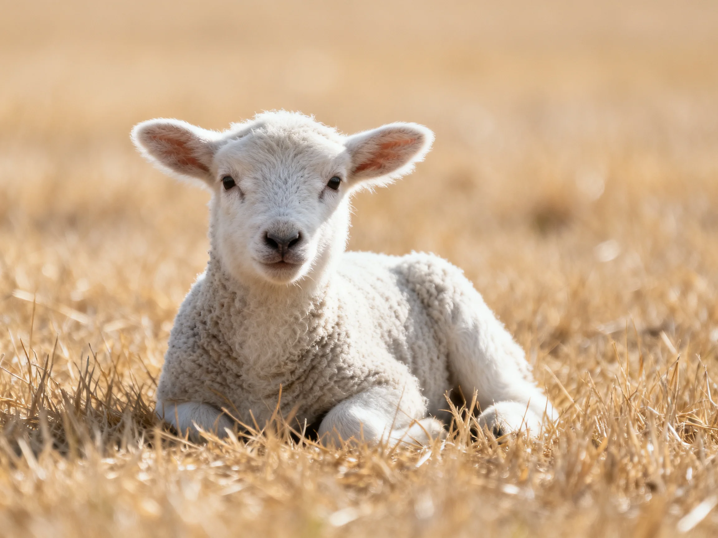 A young white lamb resting in sun-drenched golden grass