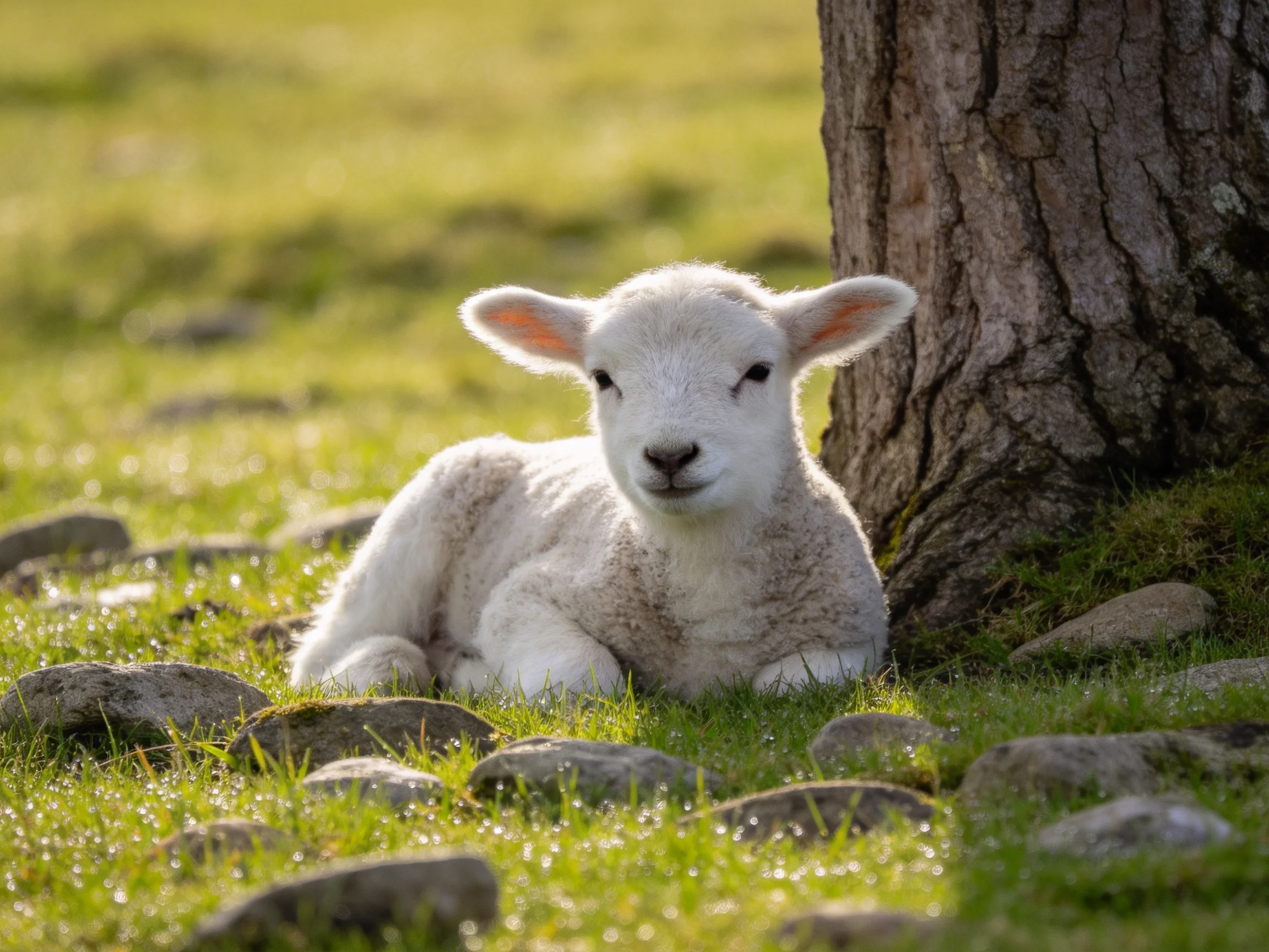 A young white lamb rests near a large tree trunk in a sunlit grassy area.