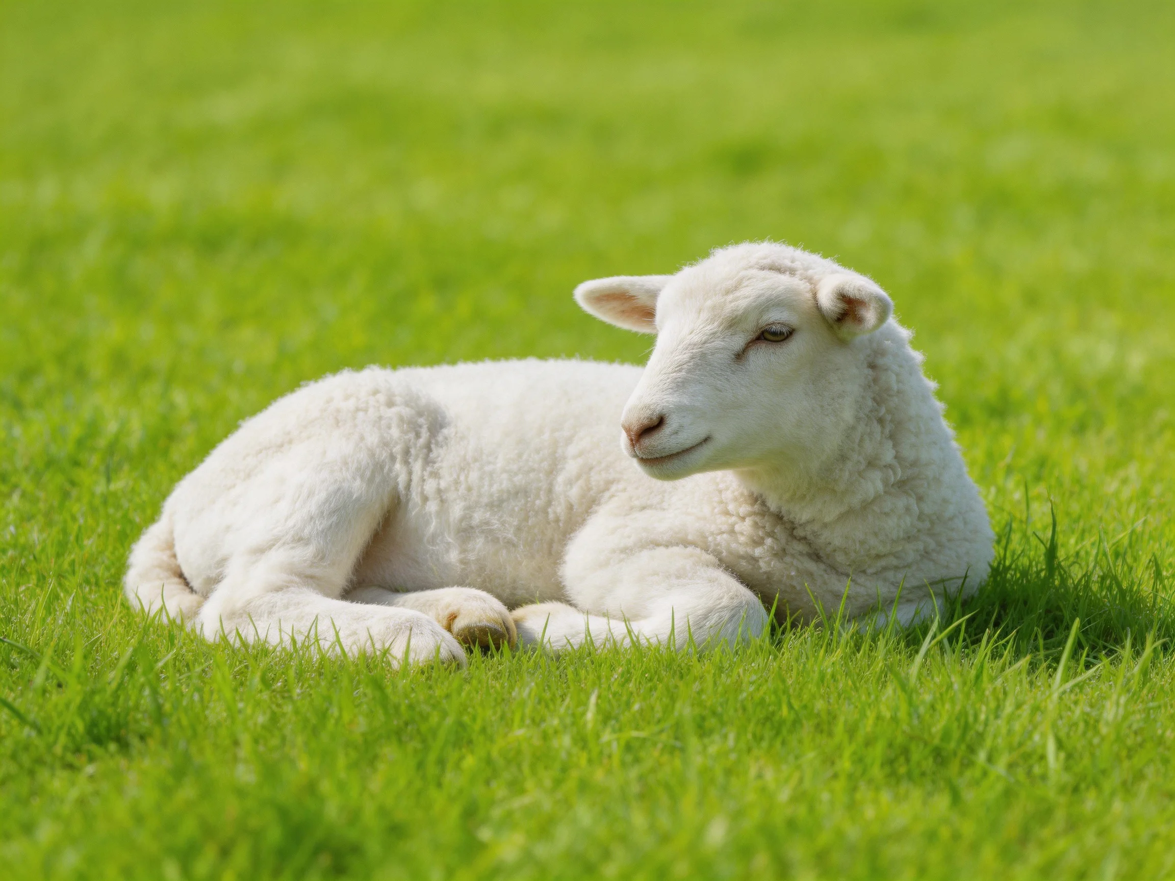 A young white lamb rests on vibrant green grass