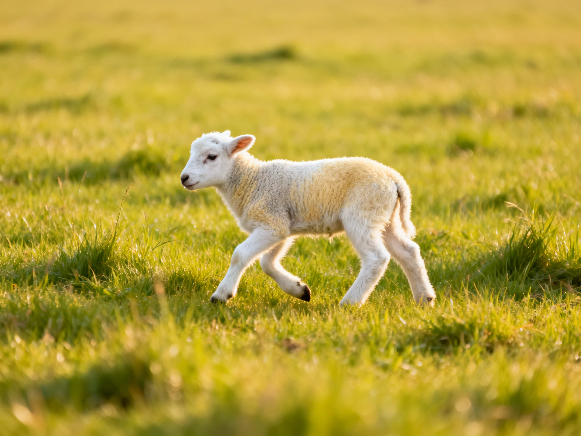 A young white lamb running through a sunlit green pasture