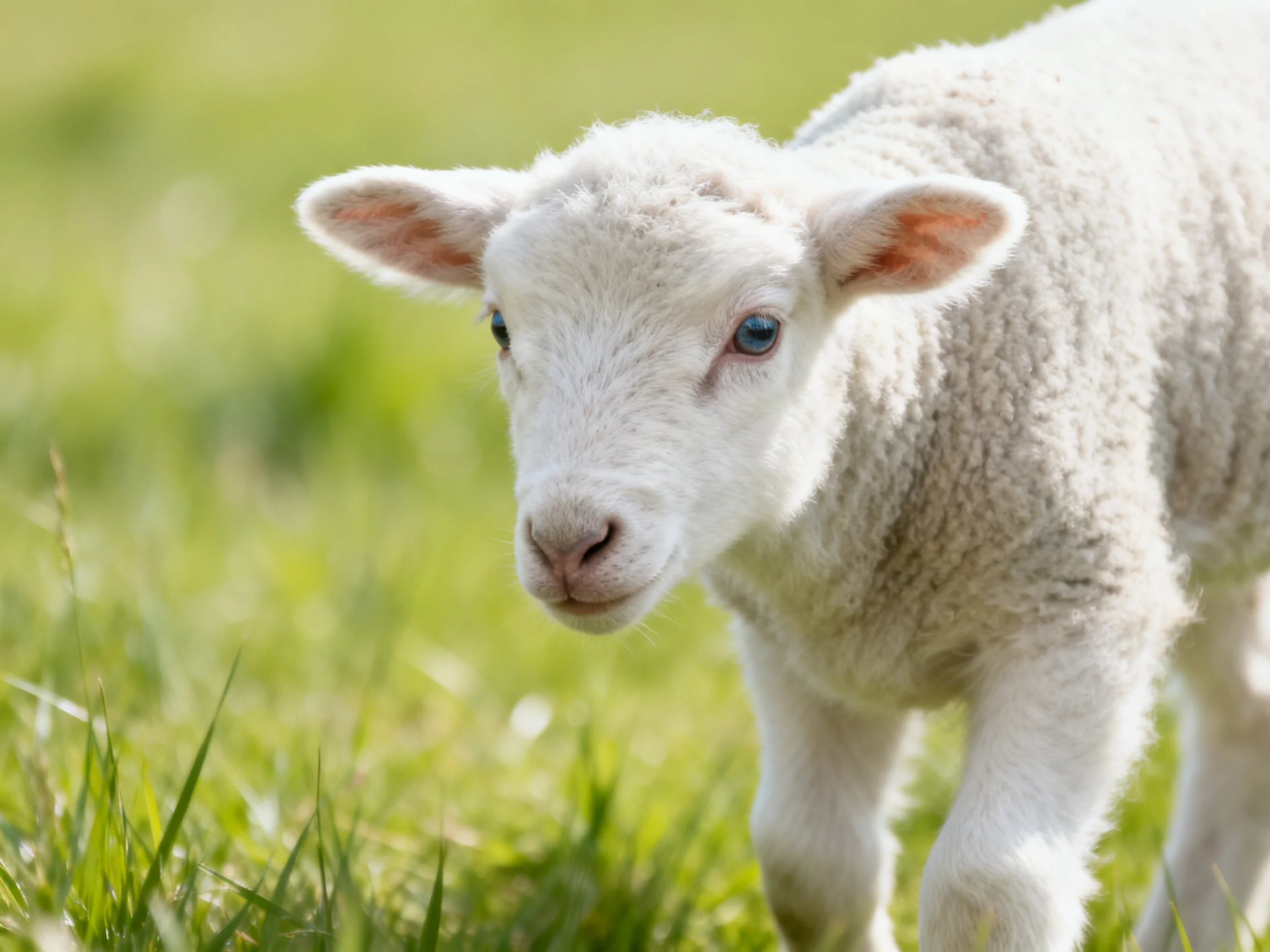 A young white lamb standing in a lush green pasture