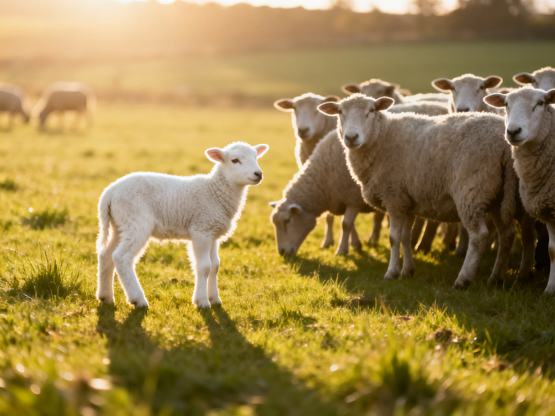 A young white lamb stands among adult sheep in a sunlit green pasture