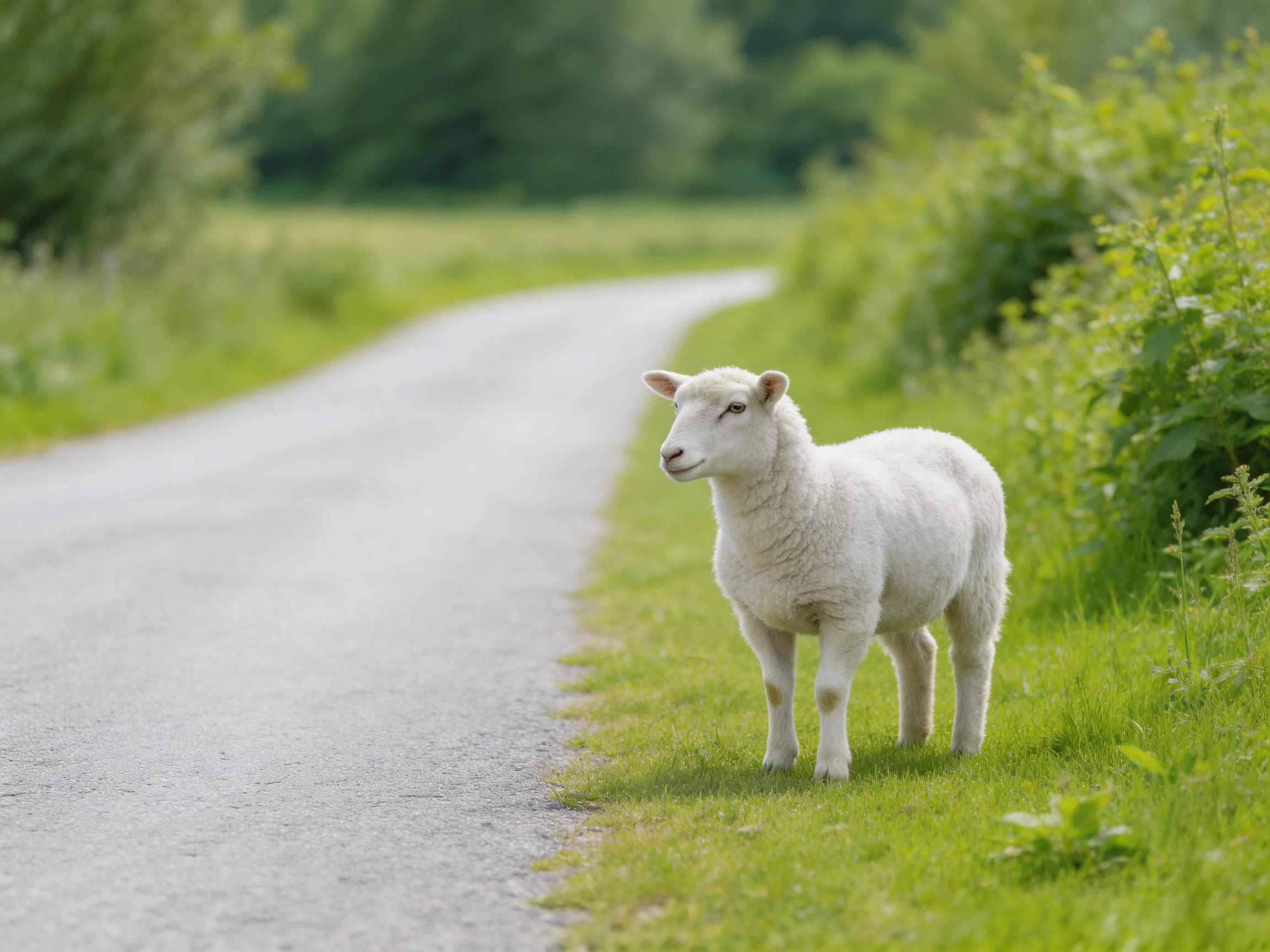 A young white lamb stands beside a winding paved road