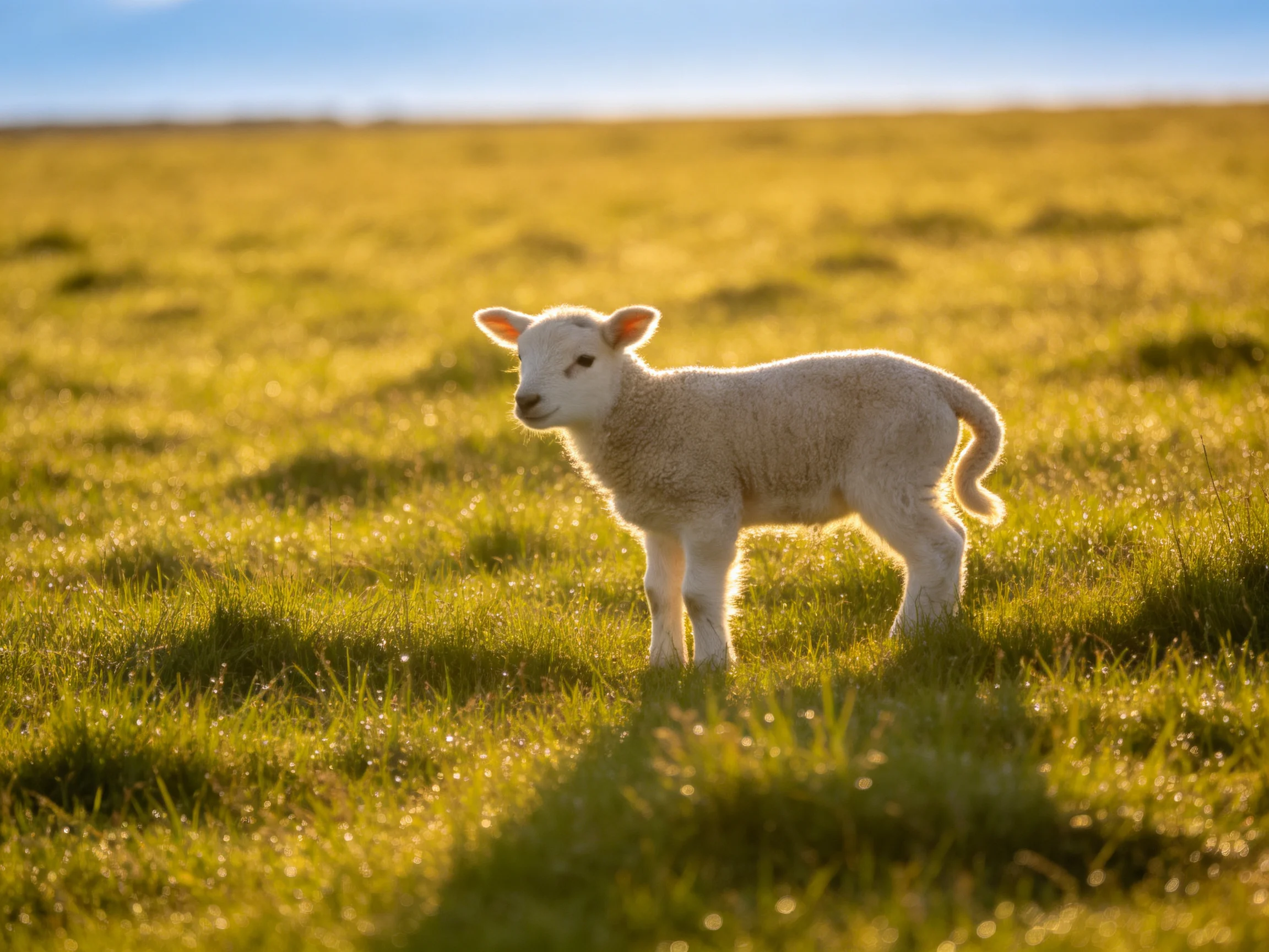A small white lamb stands in a sunlit, green meadow.