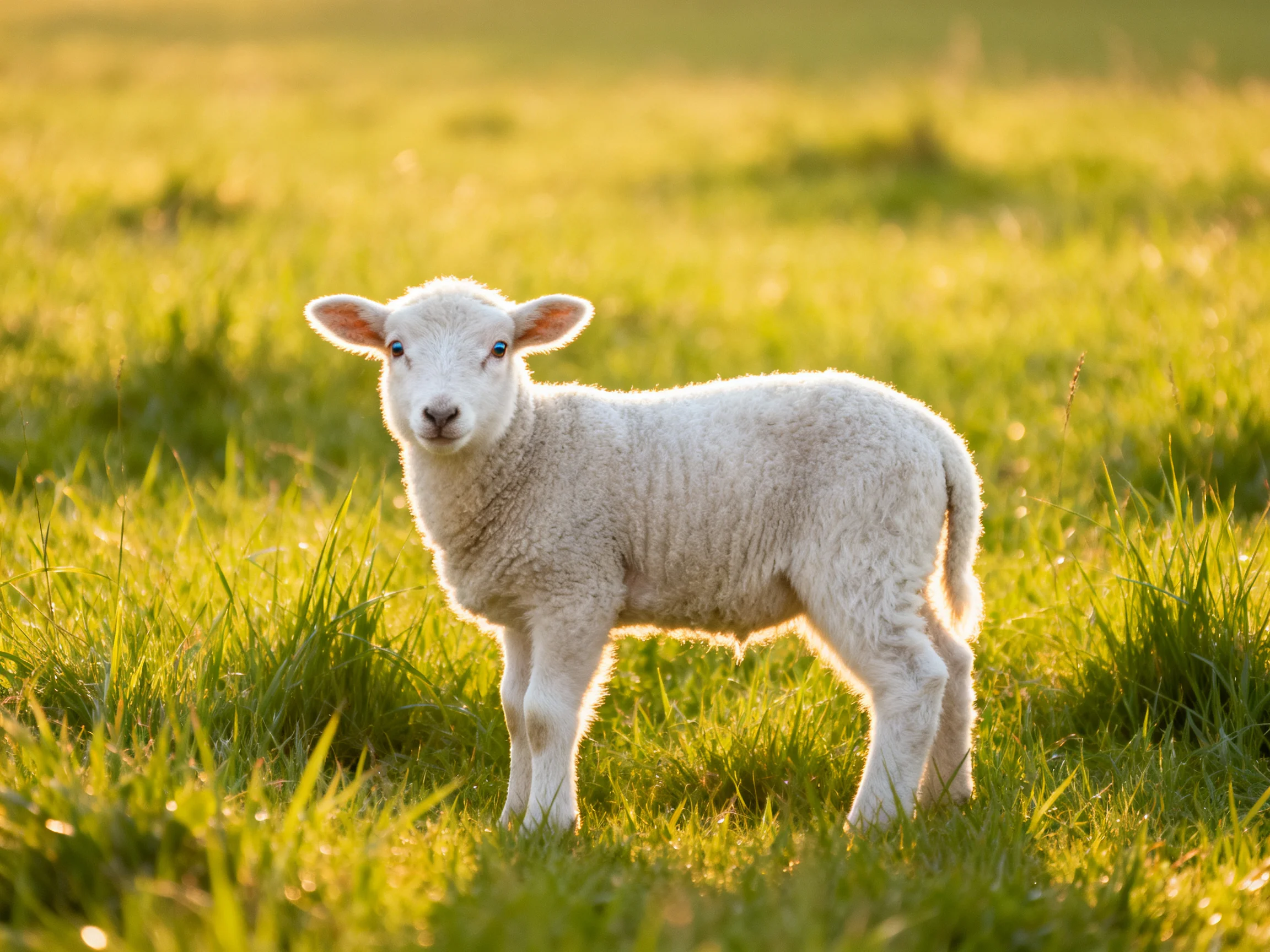 A young white lamb stands in a sunlit green field.