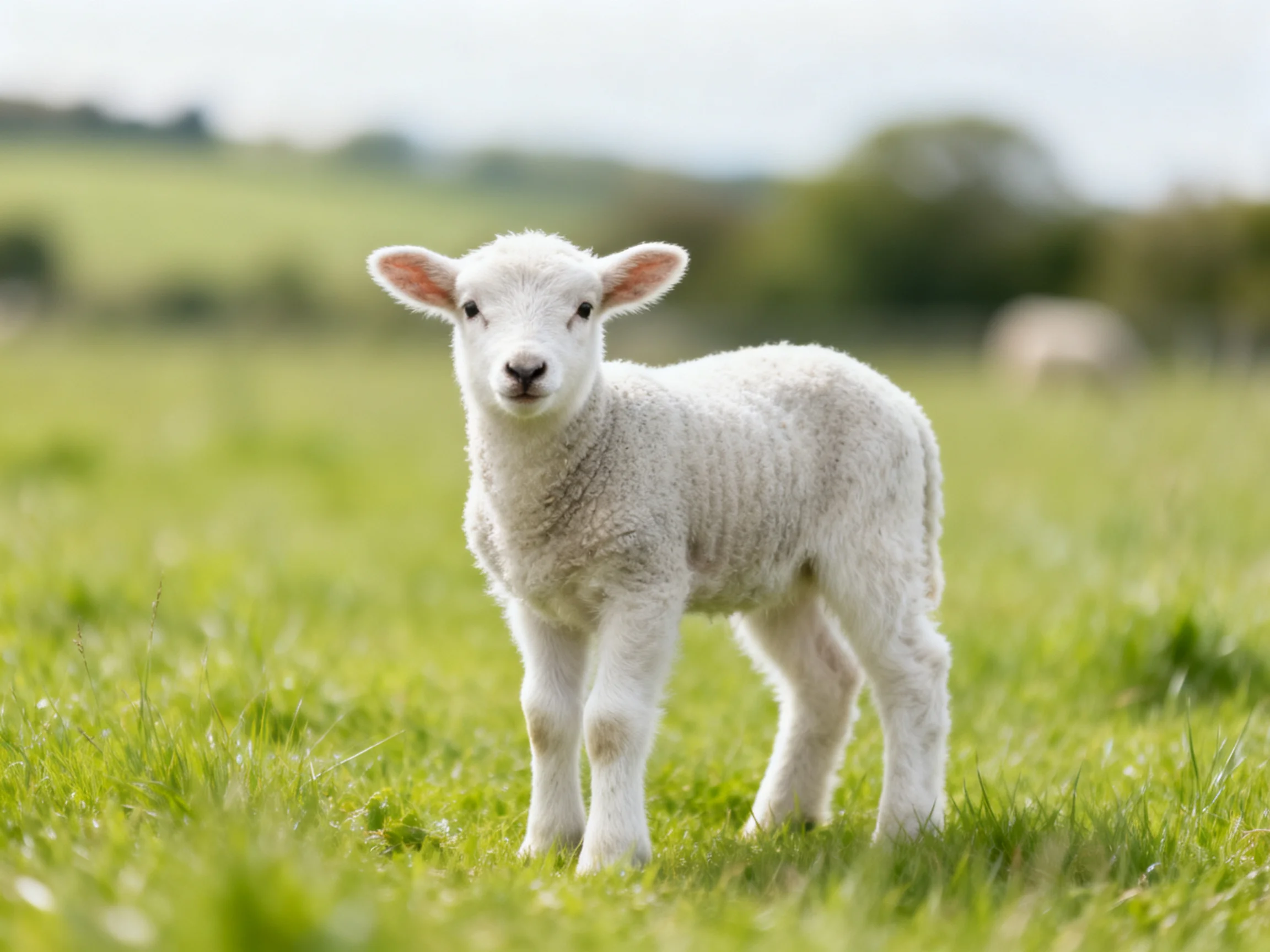 A young white lamb stands in a lush green meadow