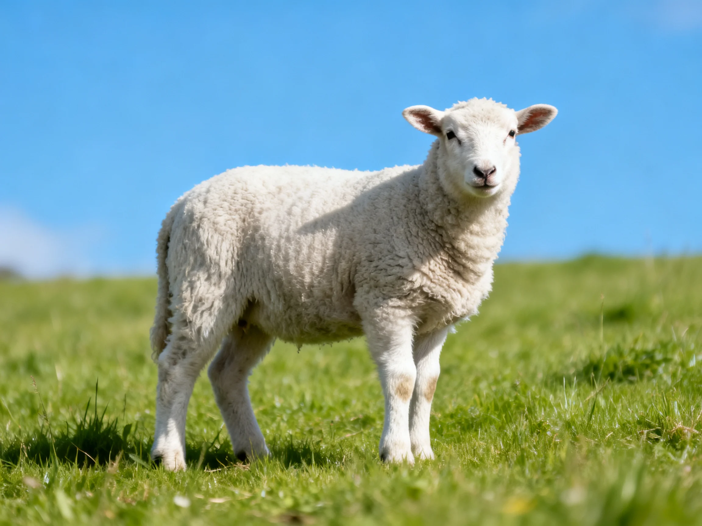 A young white lamb stands in a lush green meadow under clear blue sky