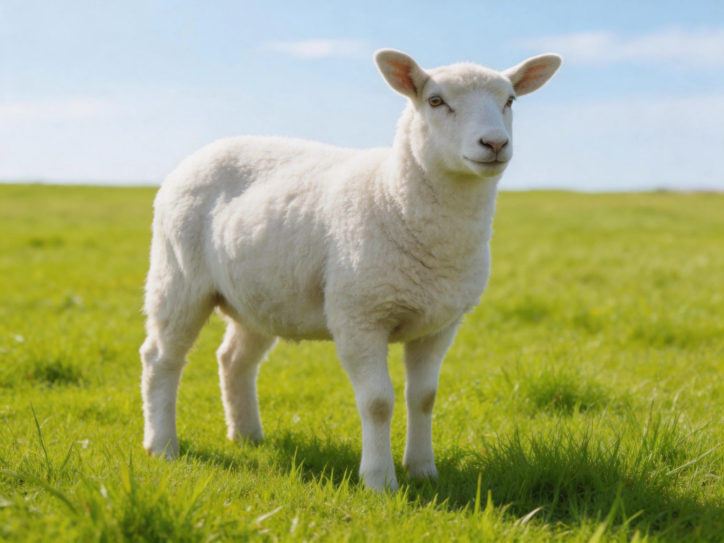 A young white lamb stands in a sunlit green meadow.