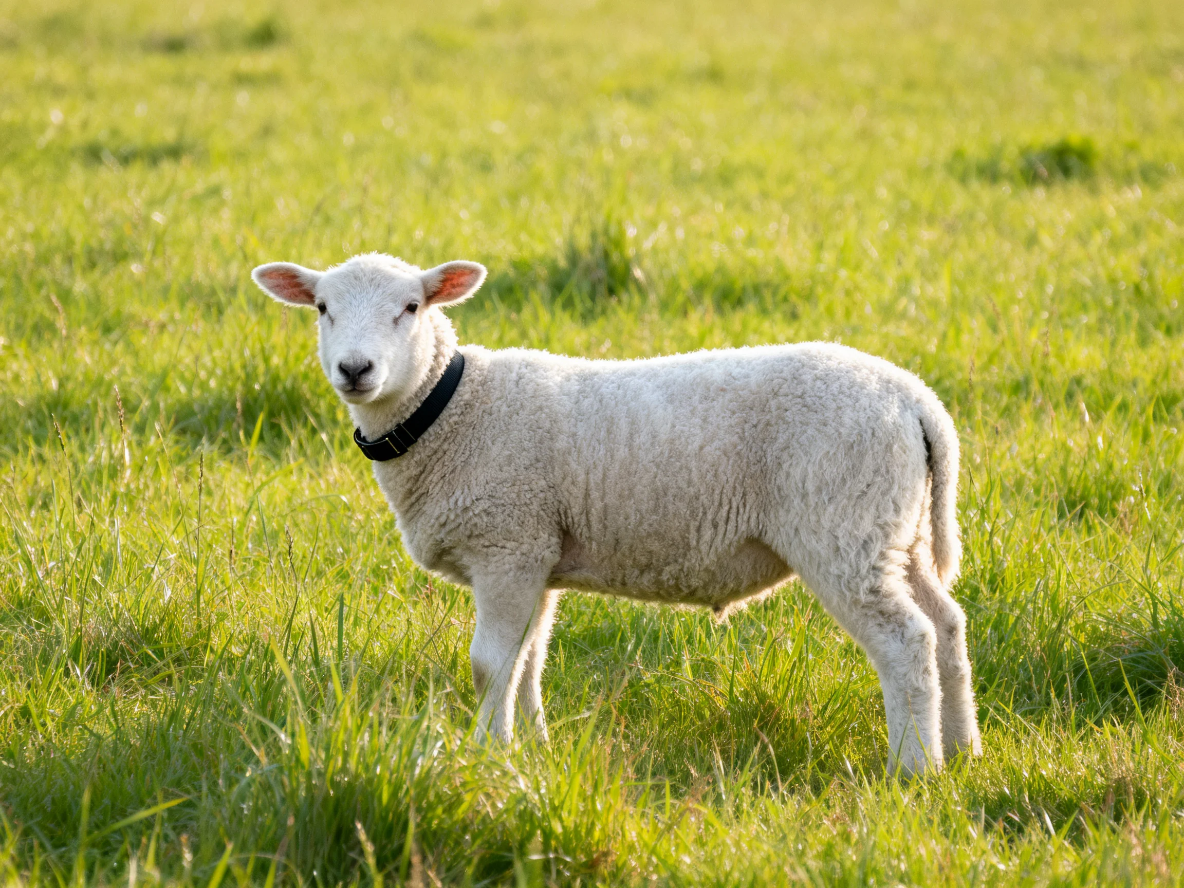 A young white lamb stands in a lush green pasture
