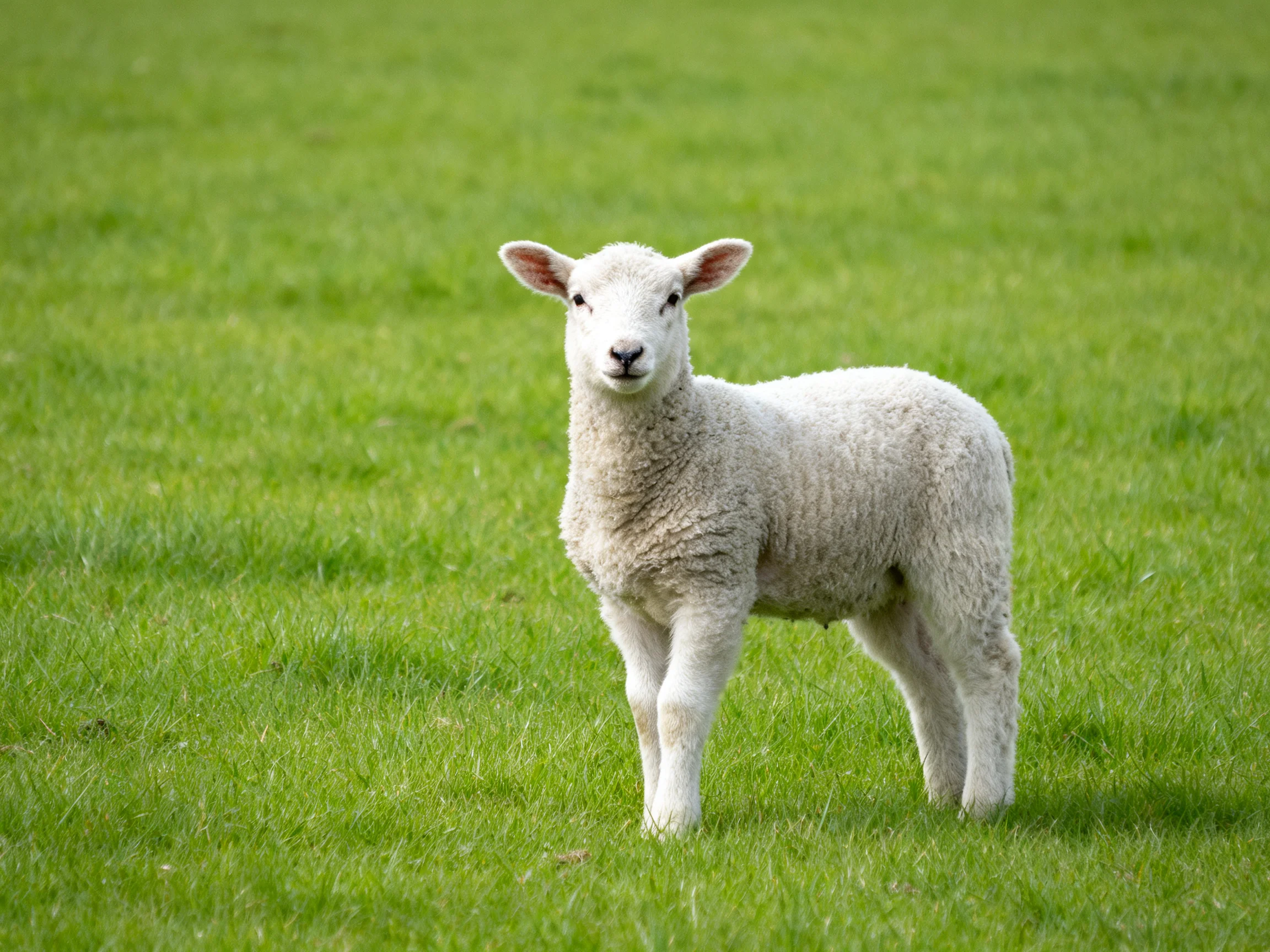 A young white lamb stands in a lush green pasture