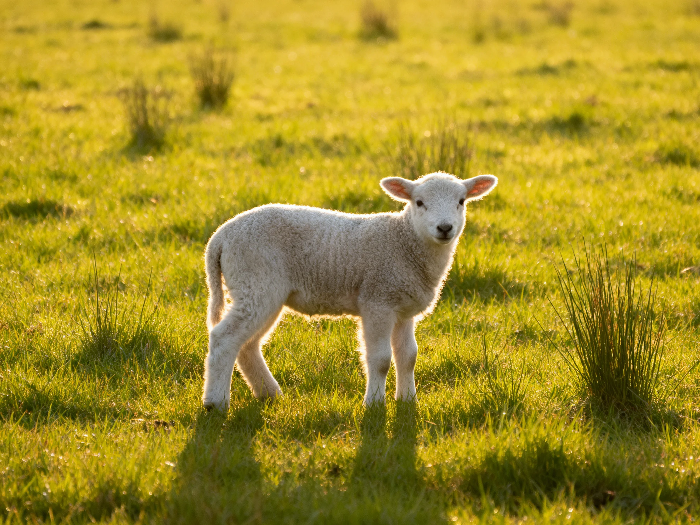 A young white lamb stands in a sunlit green meadow