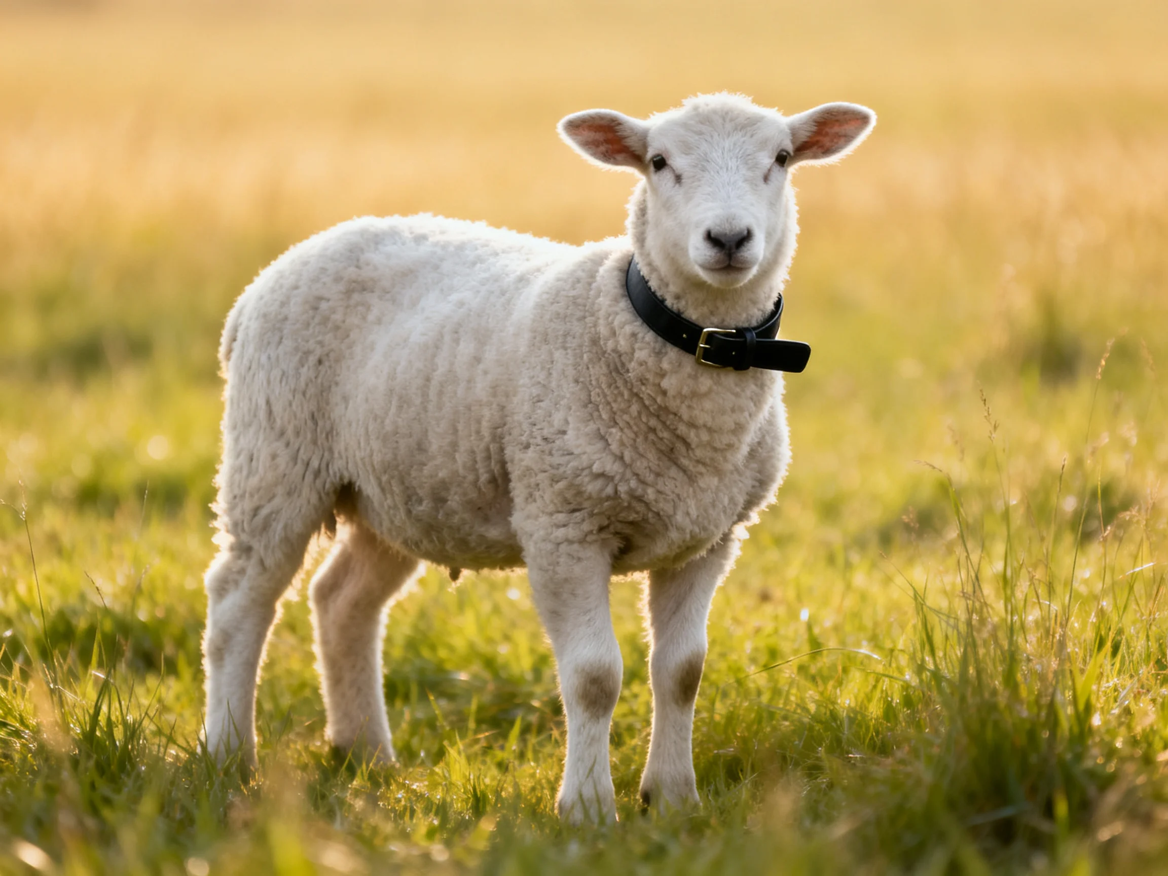 A young white lamb stands in a sunlit green meadow