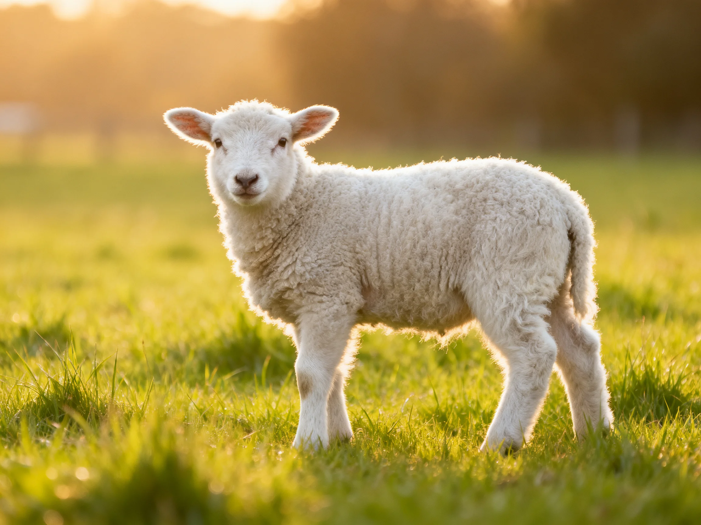 A young white lamb stands in a sunlit green meadow.