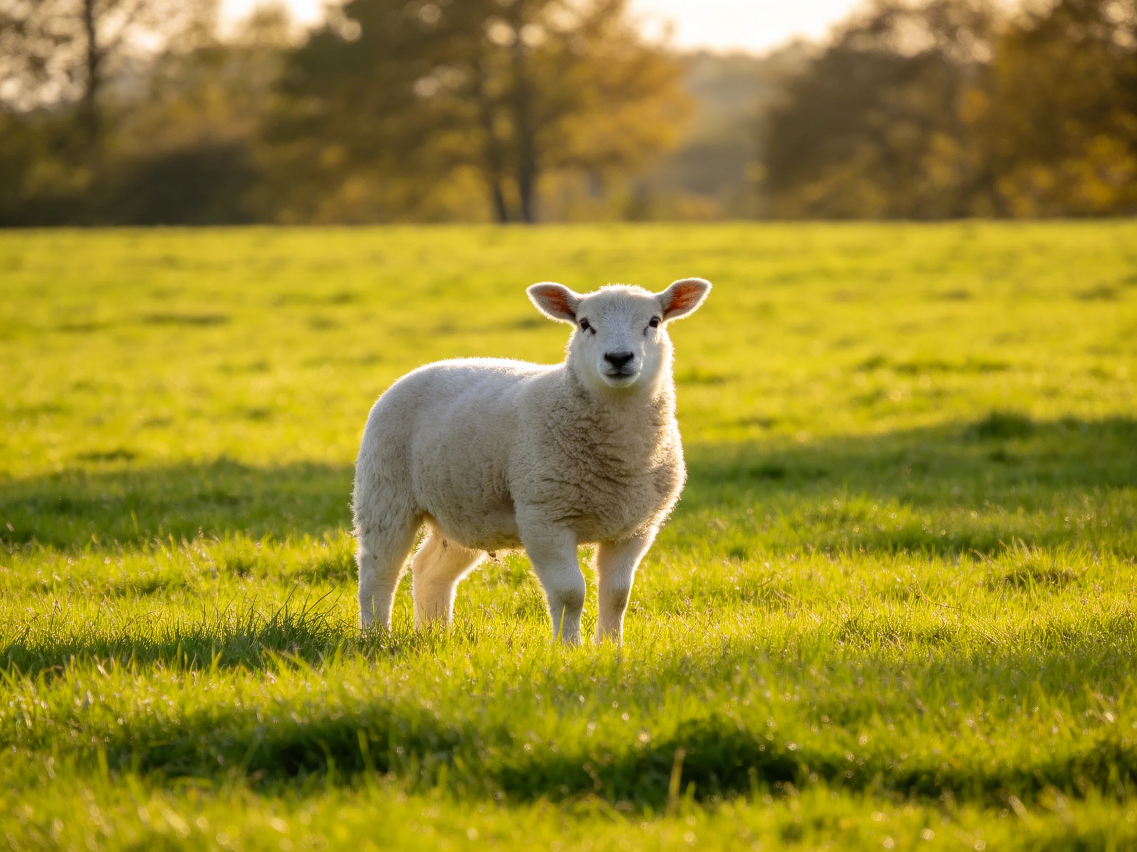 A young white lamb stands alone in a sunlit green pasture.