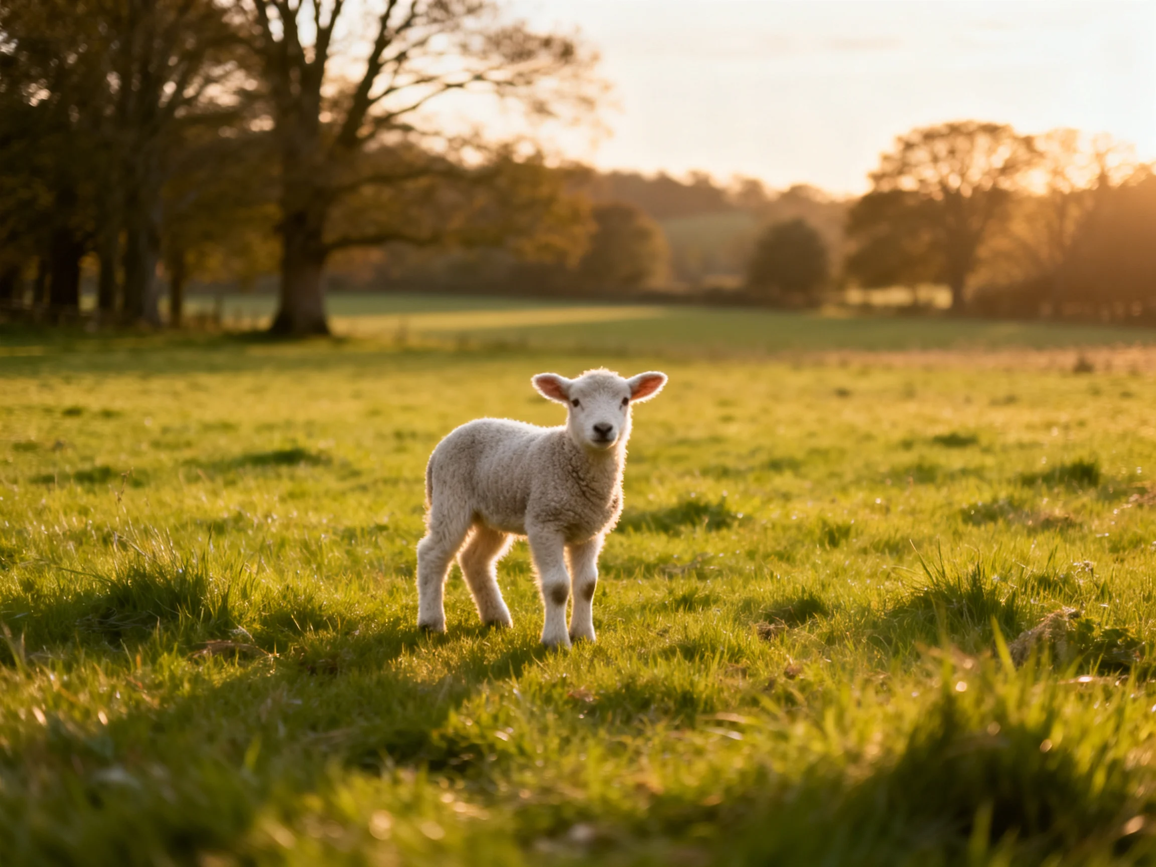 A small white lamb stands in a sunlit green pasture with distant trees.