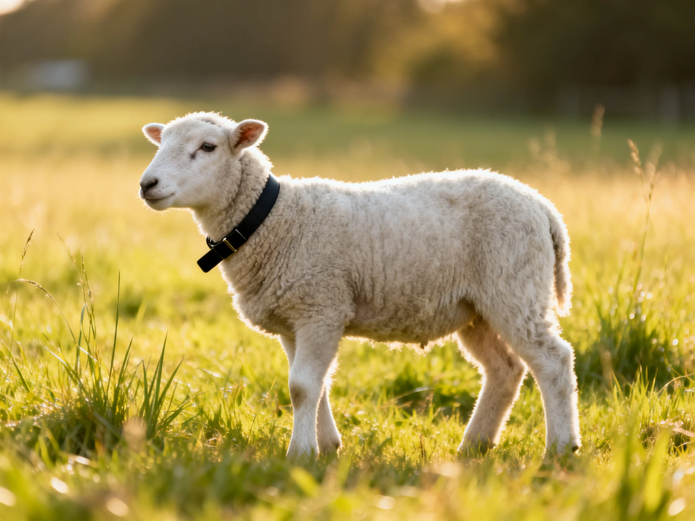 A young white lamb stands in a sunlit meadow.
