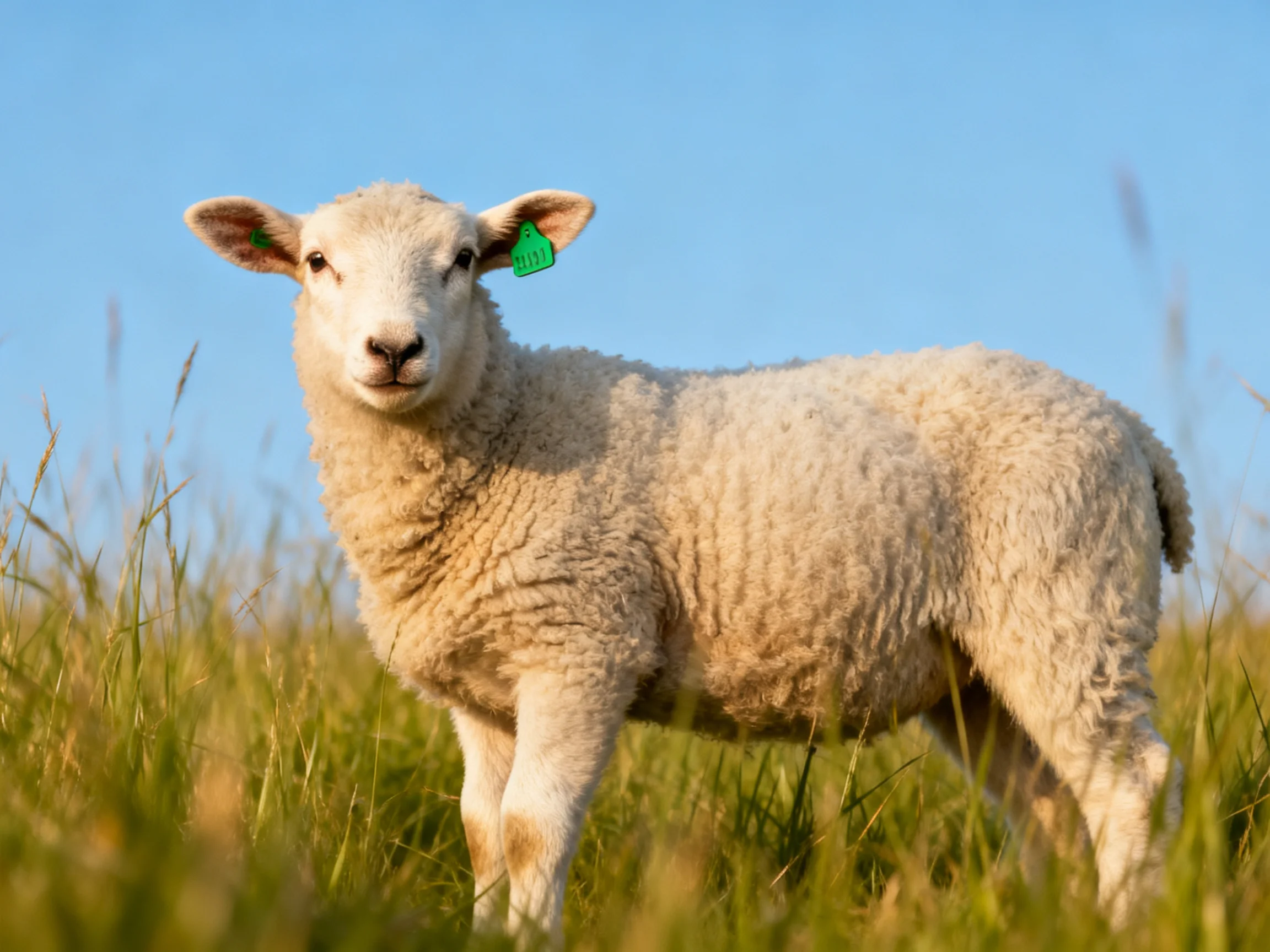 A young white lamb stands in tall grass beneath a clear blue sky.