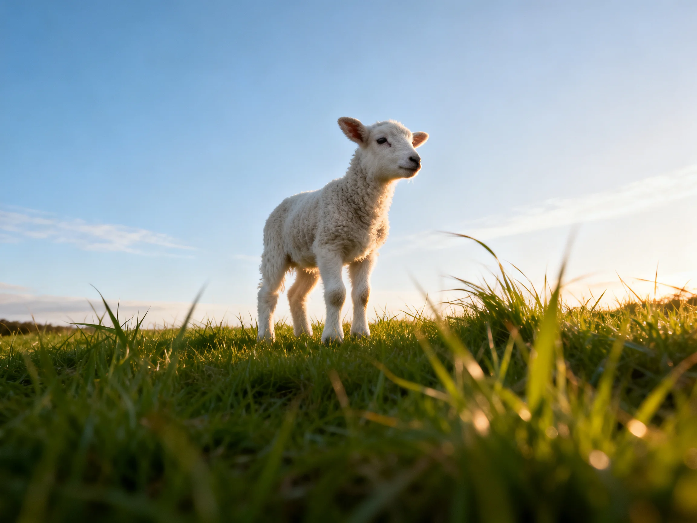A young white lamb stands on grass with a blue sky backdrop.