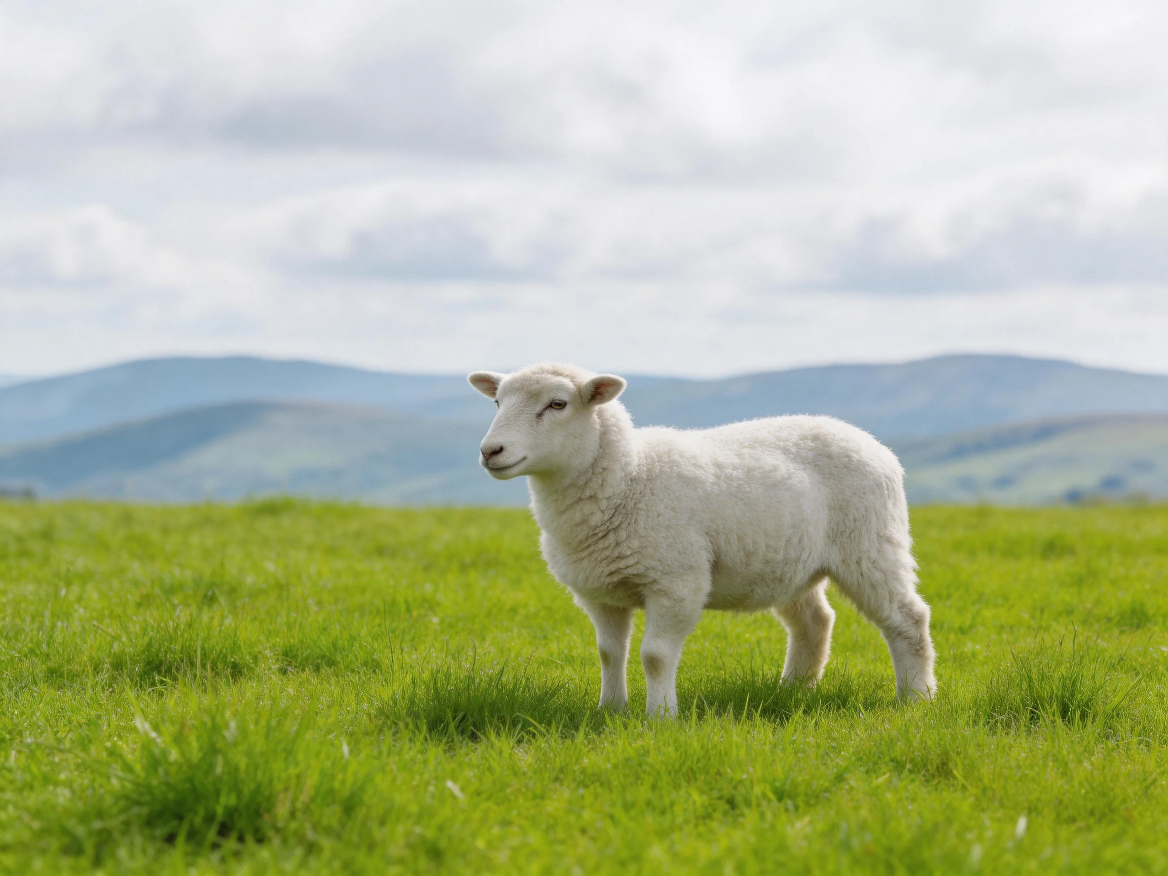 A single white lamb stands on a vibrant green meadow with rolling blue mountains in the distance.