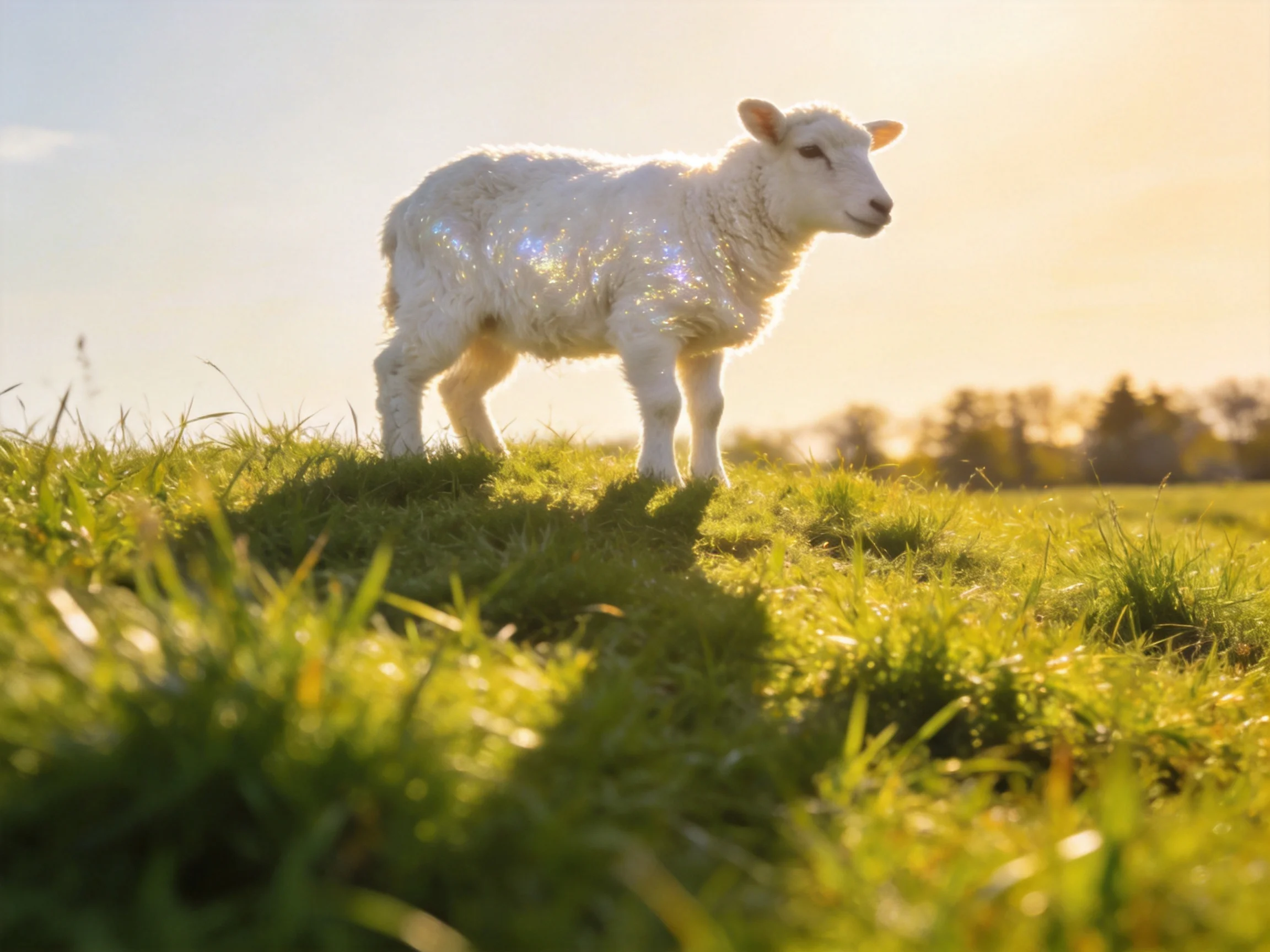 A young white lamb stands on sunlit green grass in a peaceful field.