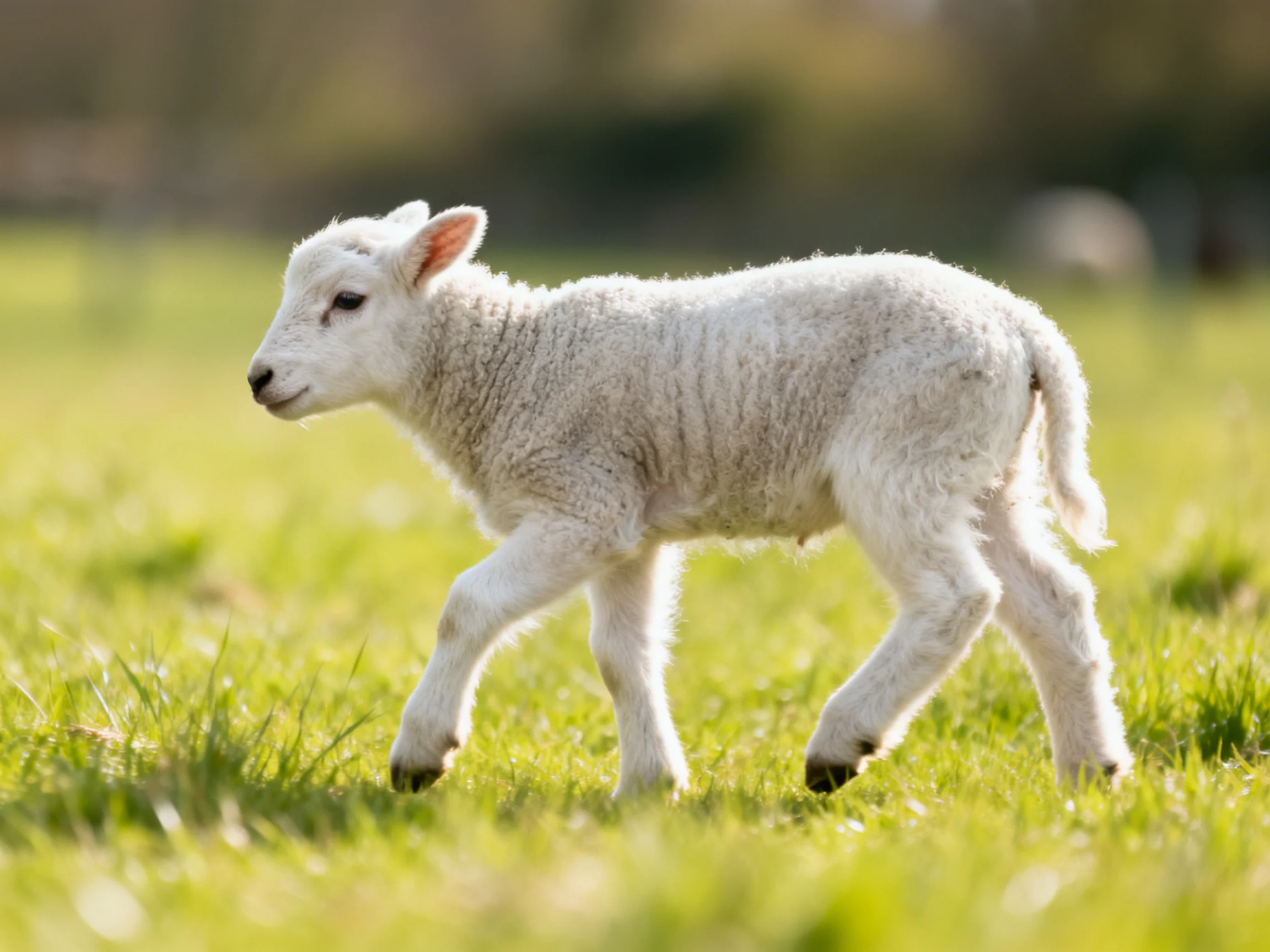 A young white lamb walking through a bright green meadow