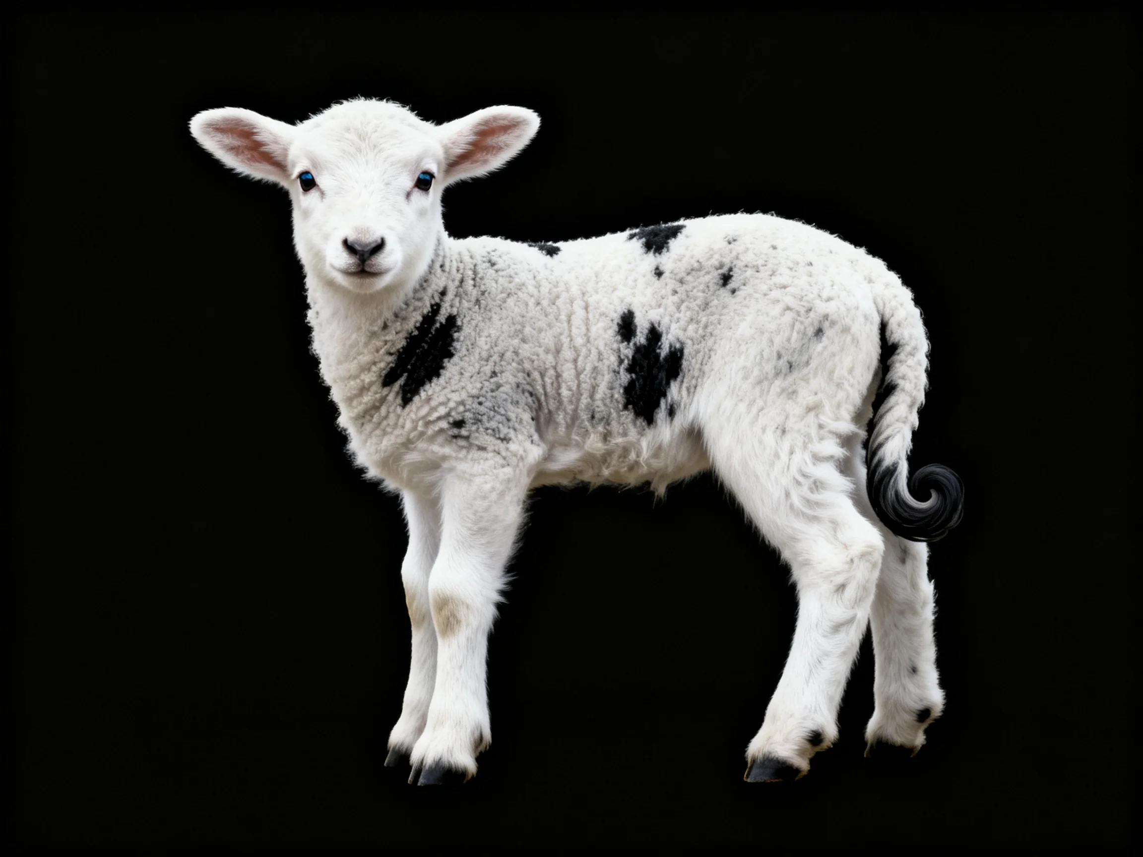 A young white lamb with black spots on a black background