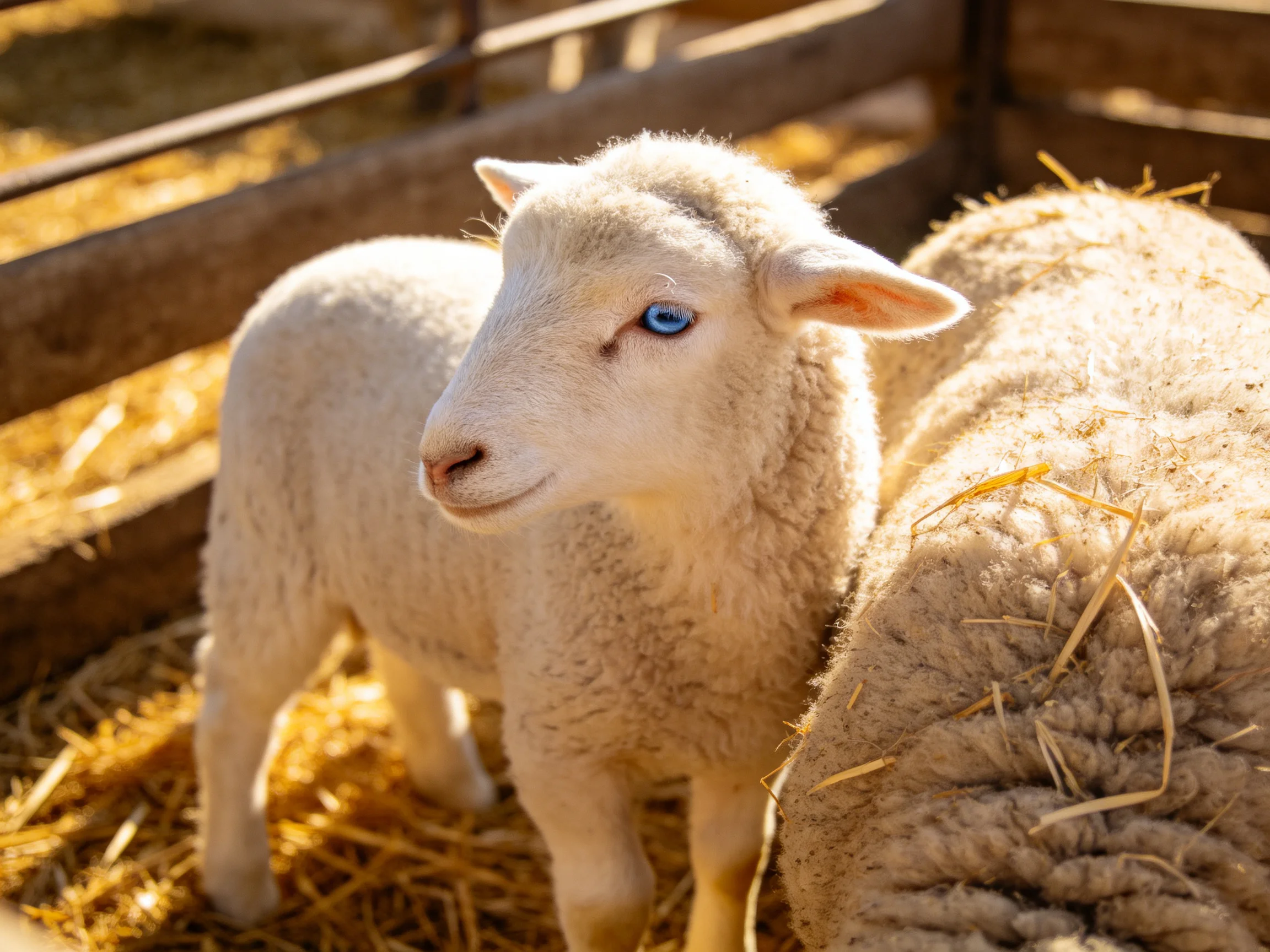 A young white lamb with blue eyes near an adult sheep in straw-filled pen