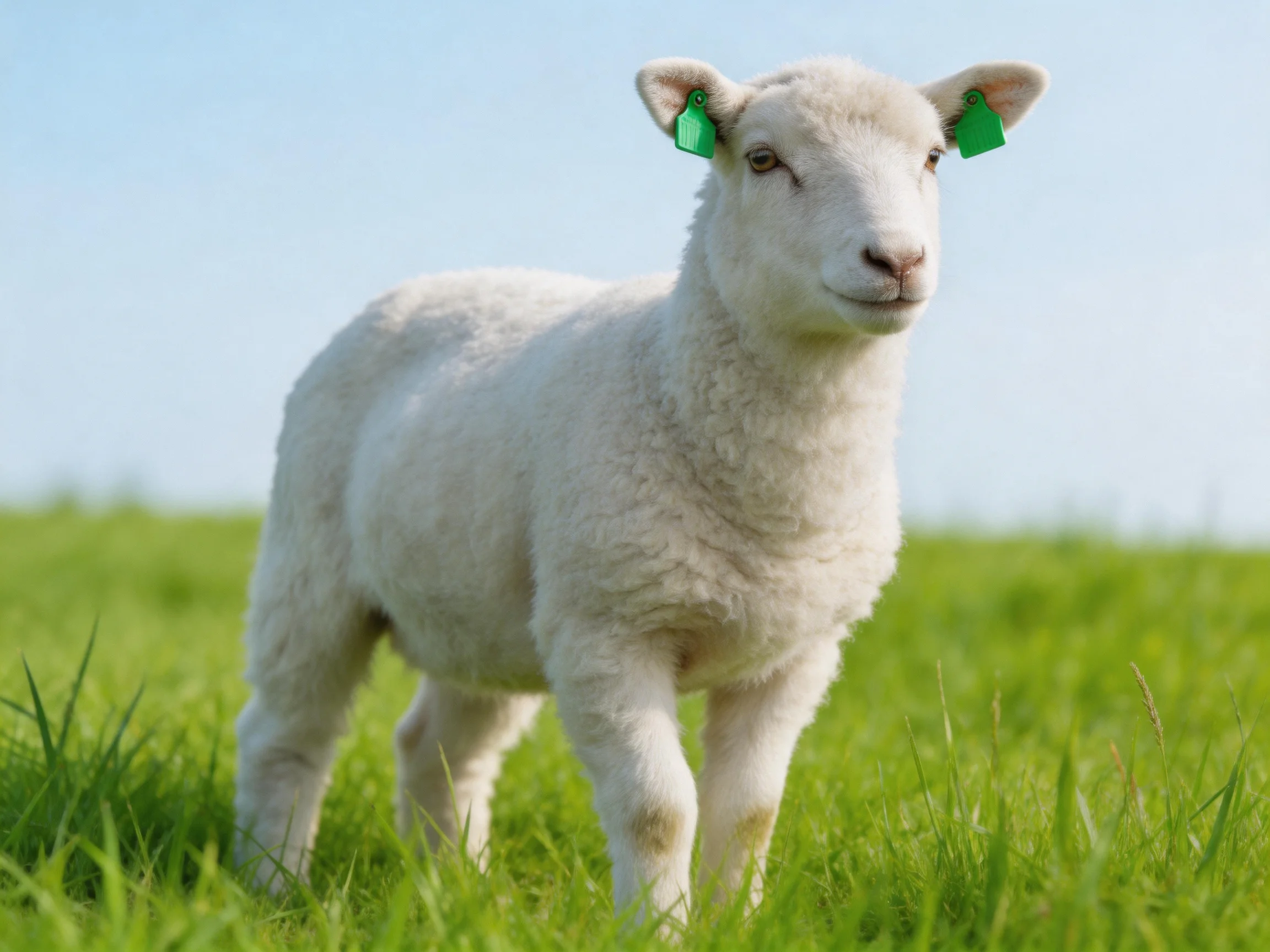 A white lamb with green ear tags stands in a sunlit green field.