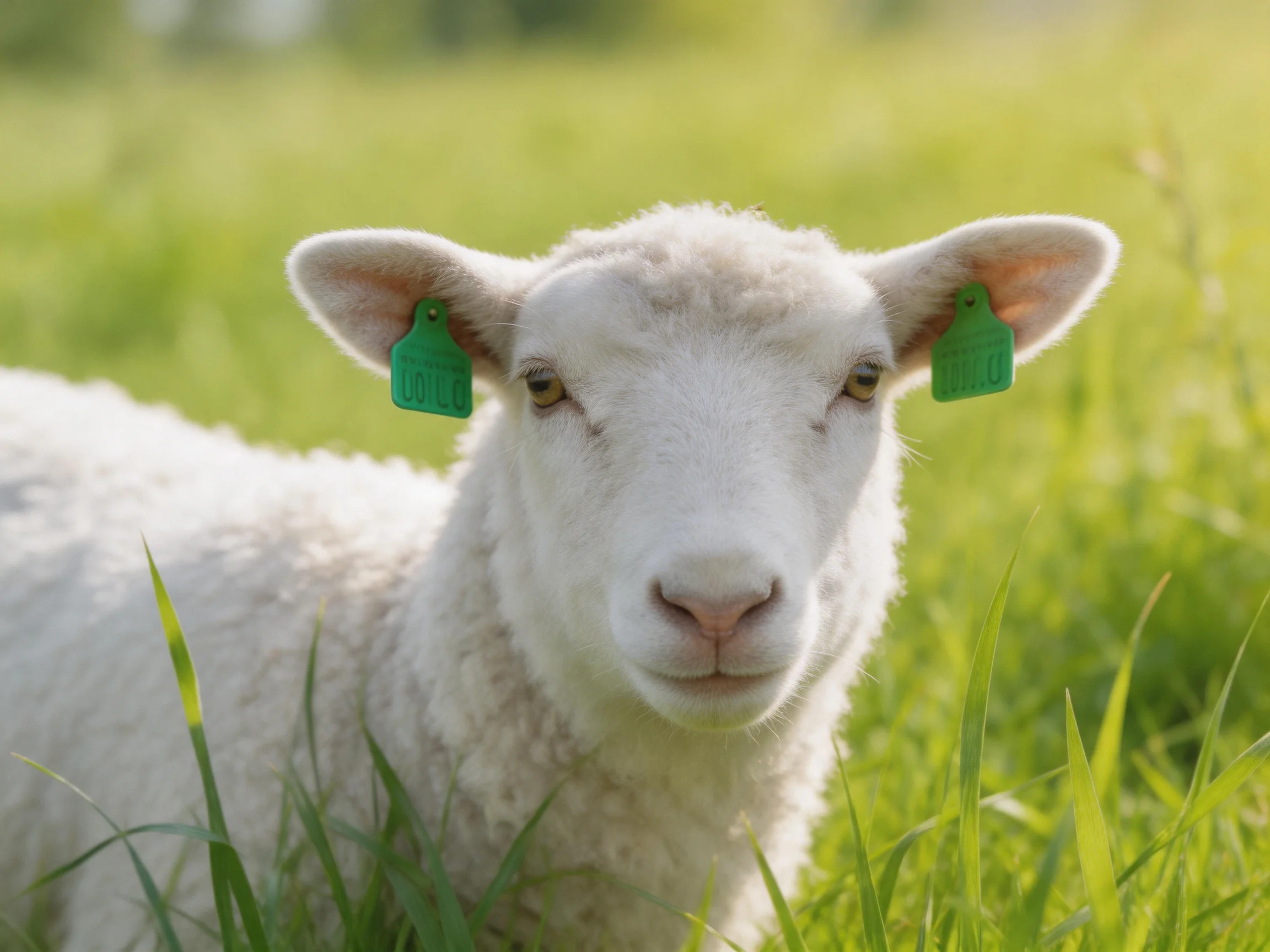 A white lamb with green ear tags rests in a sunlit green meadow.