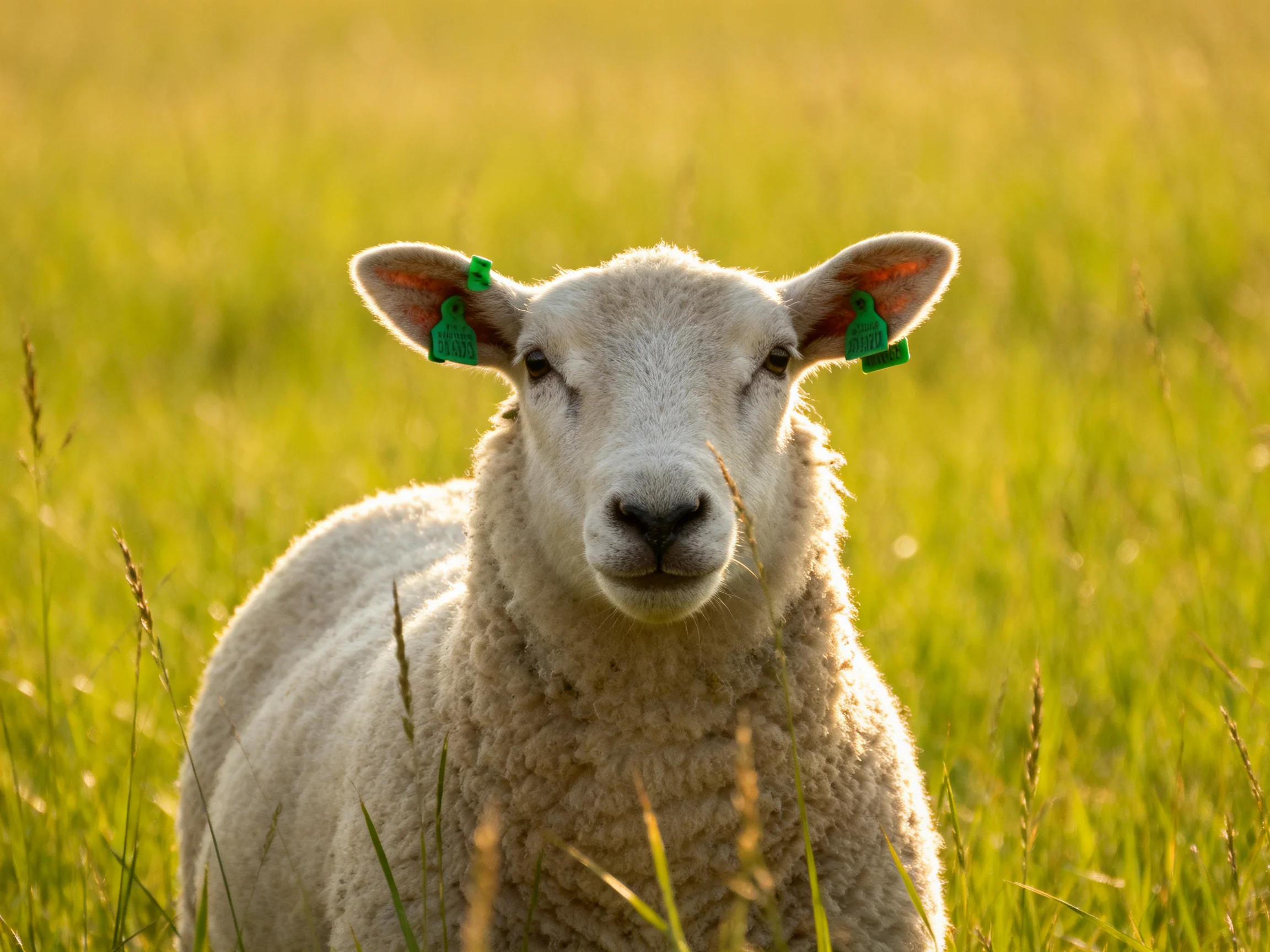 A young white lamb with green ear tags in golden grass