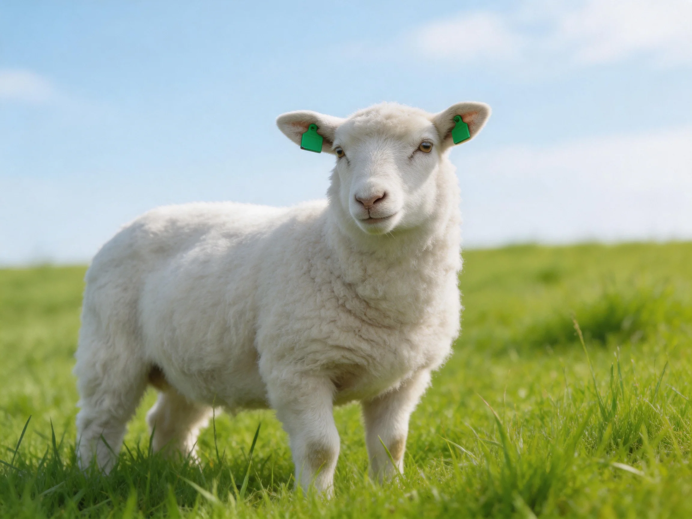 A young white lamb with green ear tags stands in a sunlit meadow of green grass.