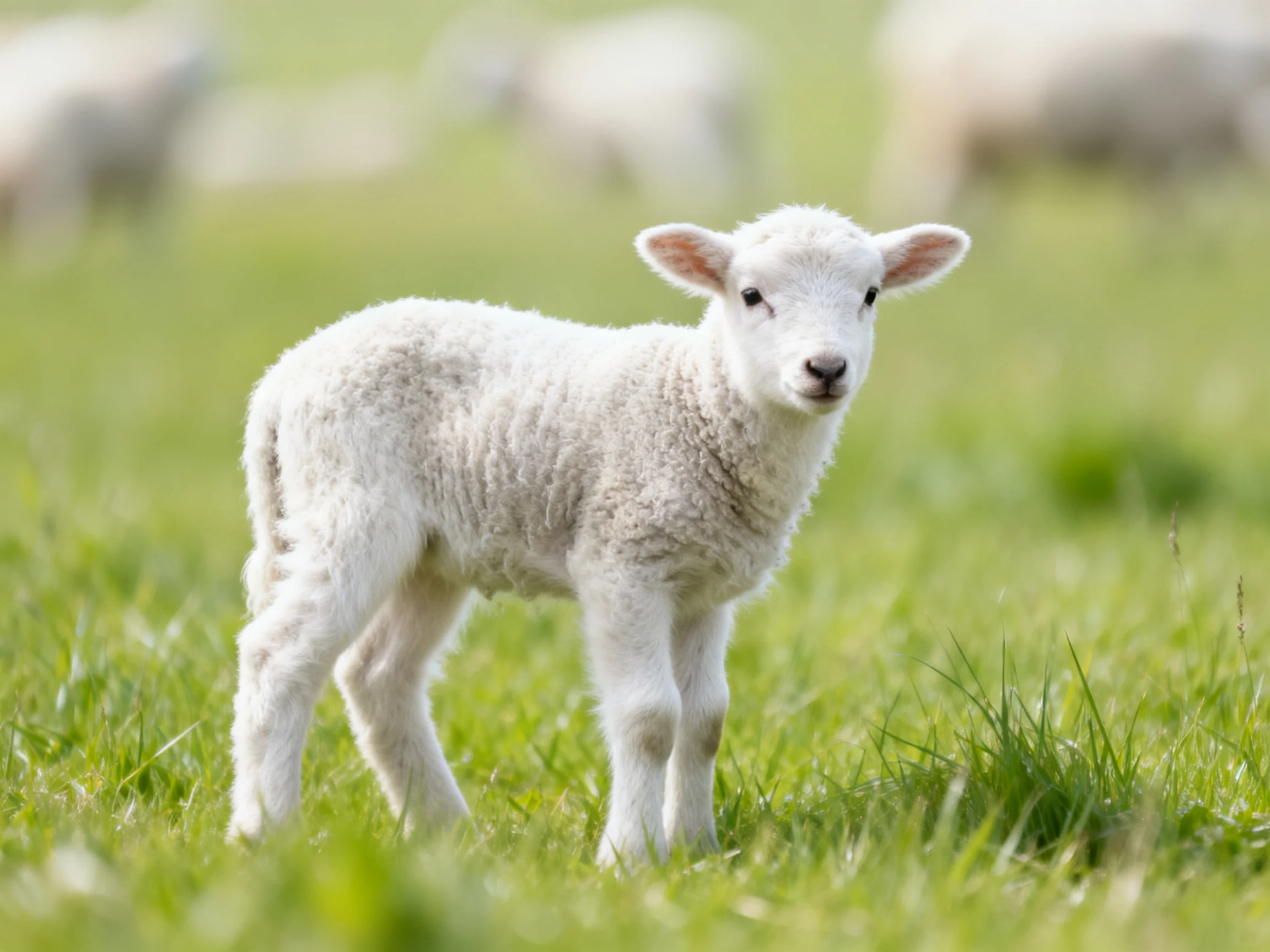 A young white lamb stands in a sunlit meadow with blurred sheep