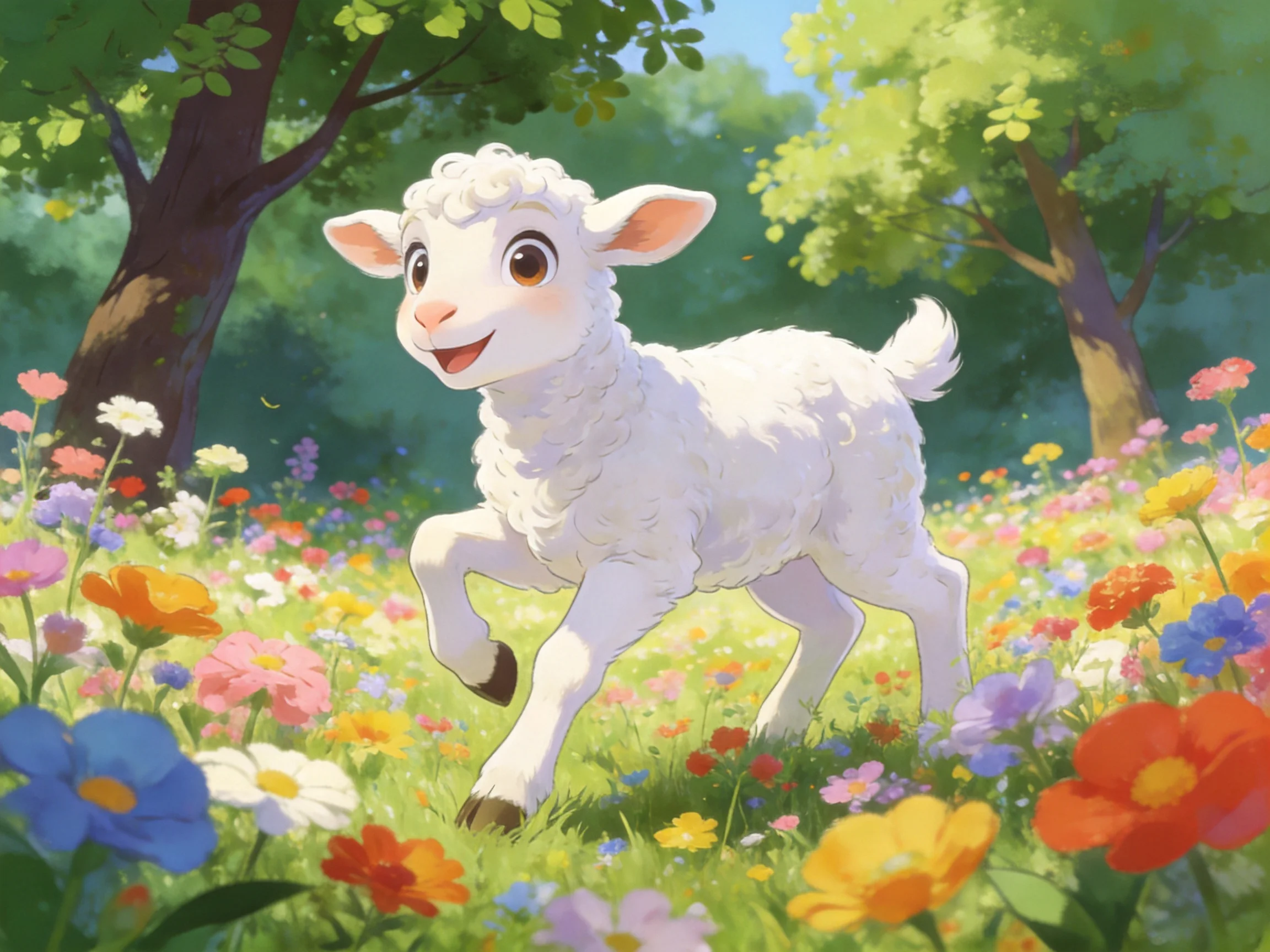 Acheerful white lamb running through colorful flower-filled meadow