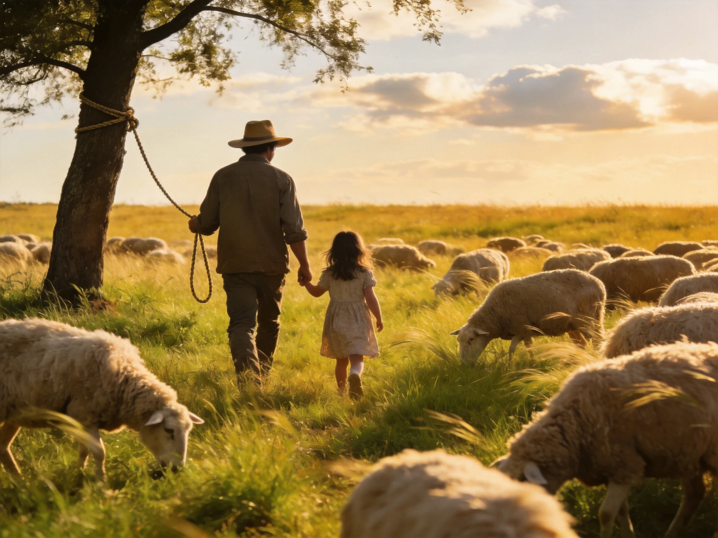 Adult and child herding sheep in a sun-drenched grassy field