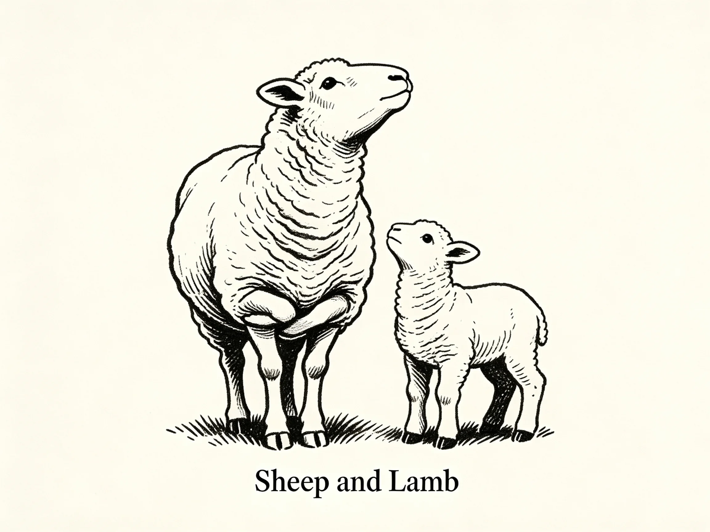 Adult sheep and lamb in black-and-white illustration