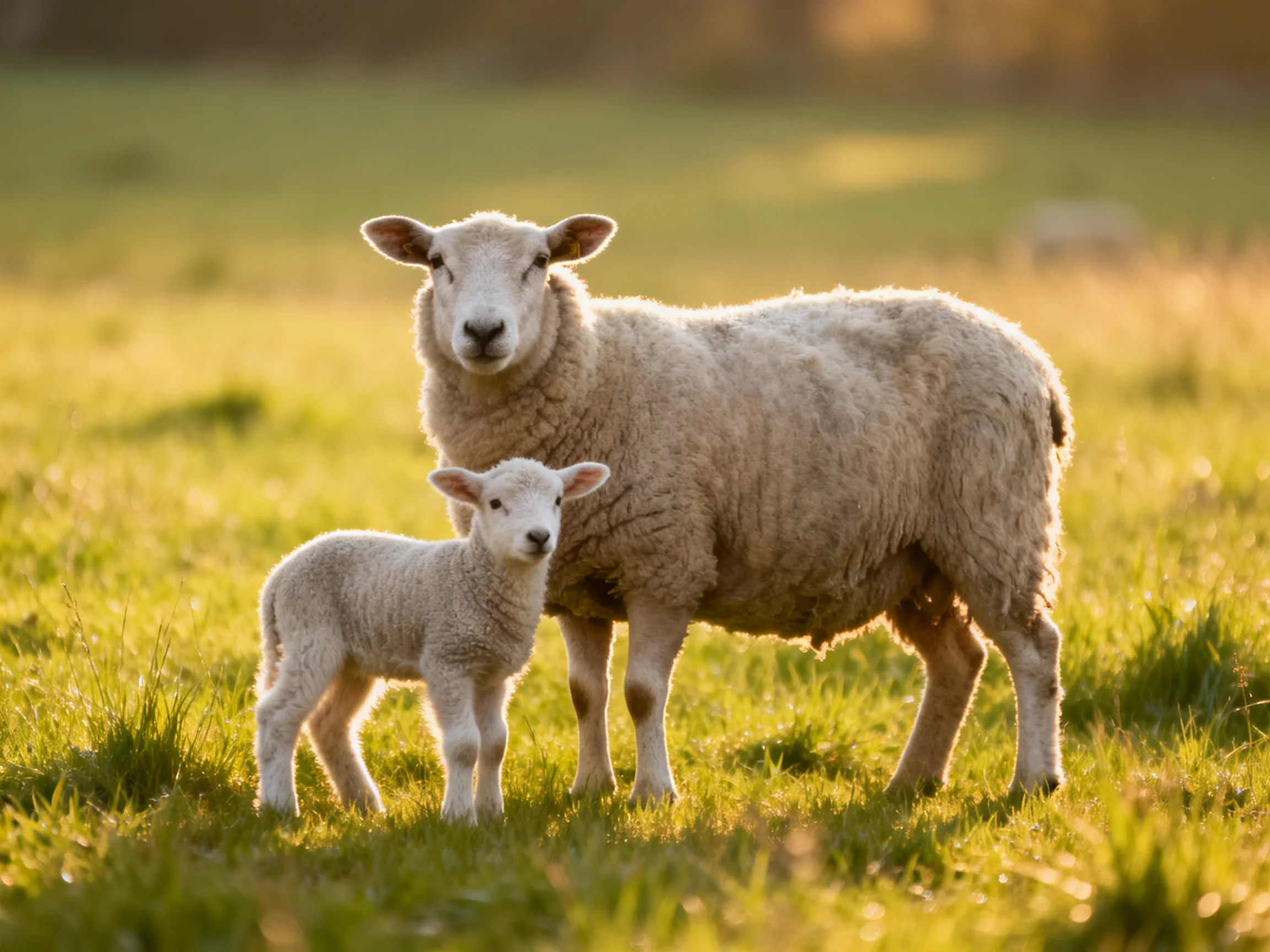 Adult sheep and lamb in sunlit grassy field