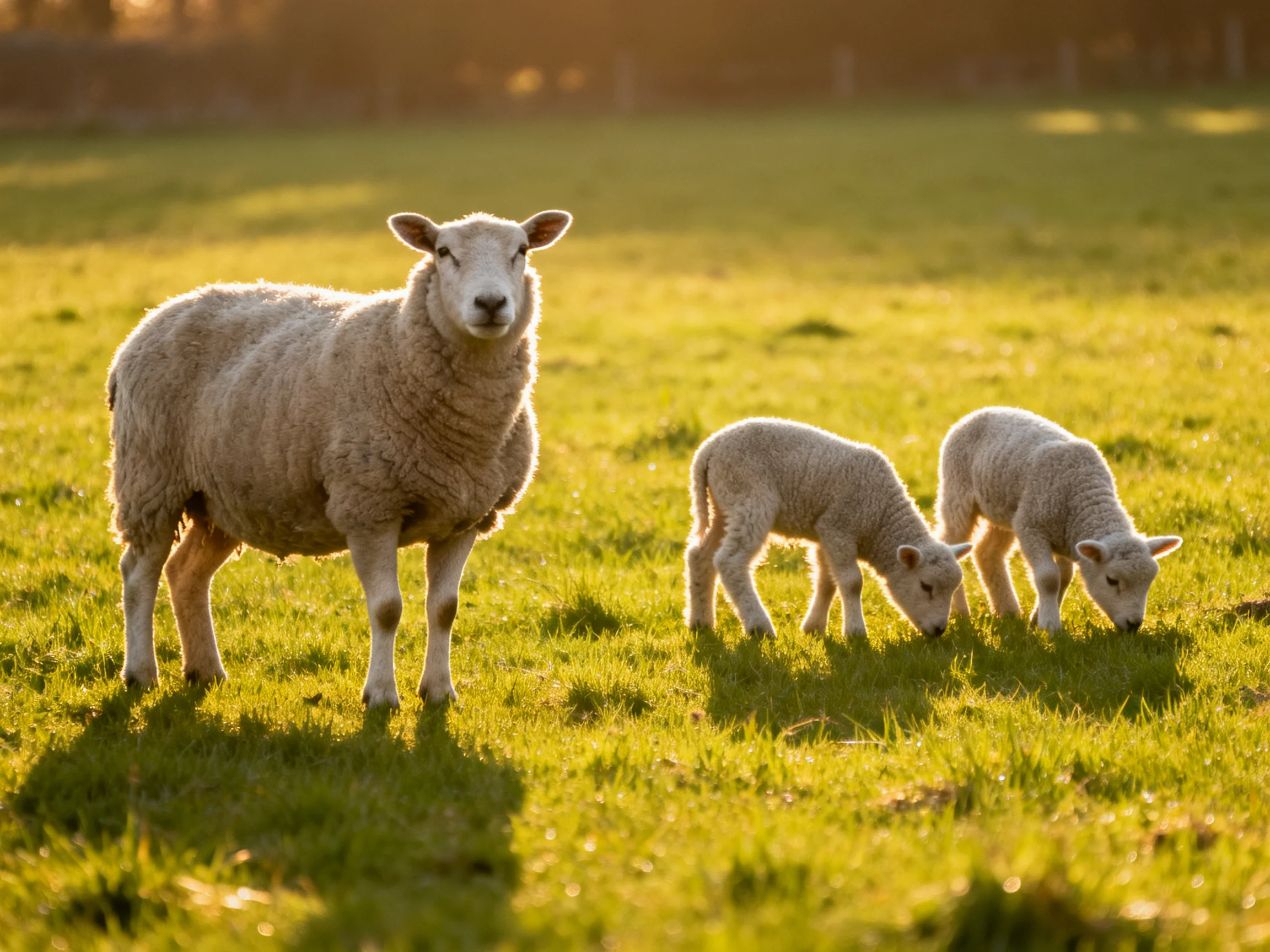 Adult sheep and two lambs graze in sunlit green pasture