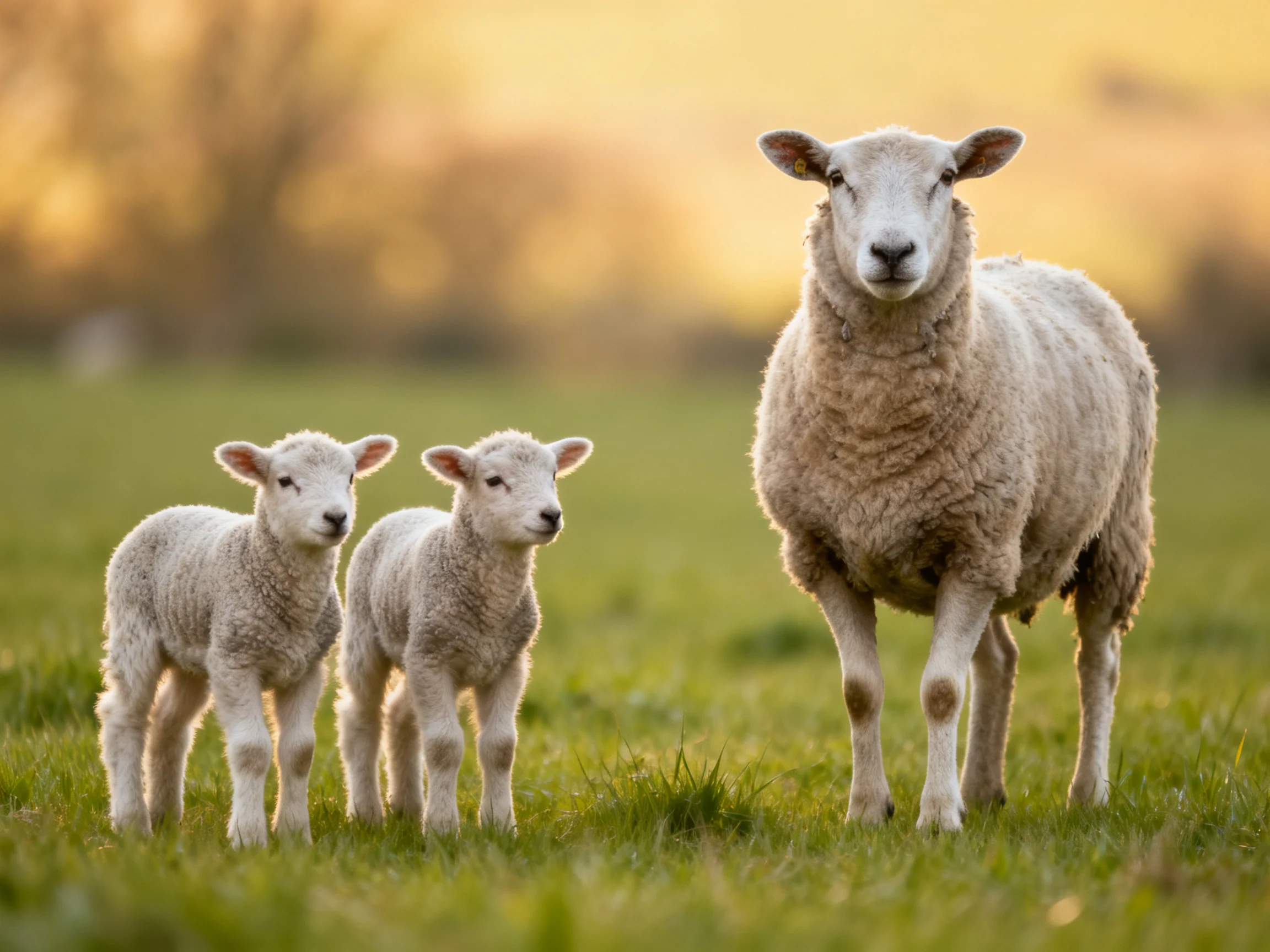 Adult sheep and two lambs in a sunlit green pasture