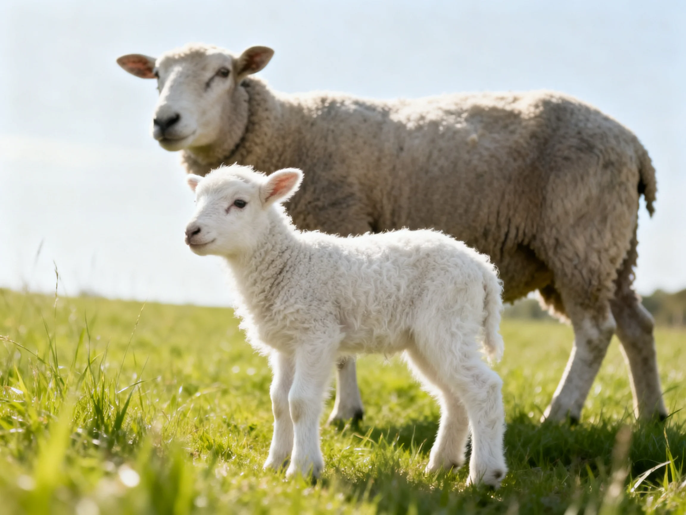 Adult sheep and white lamb in a sunlit green pasture