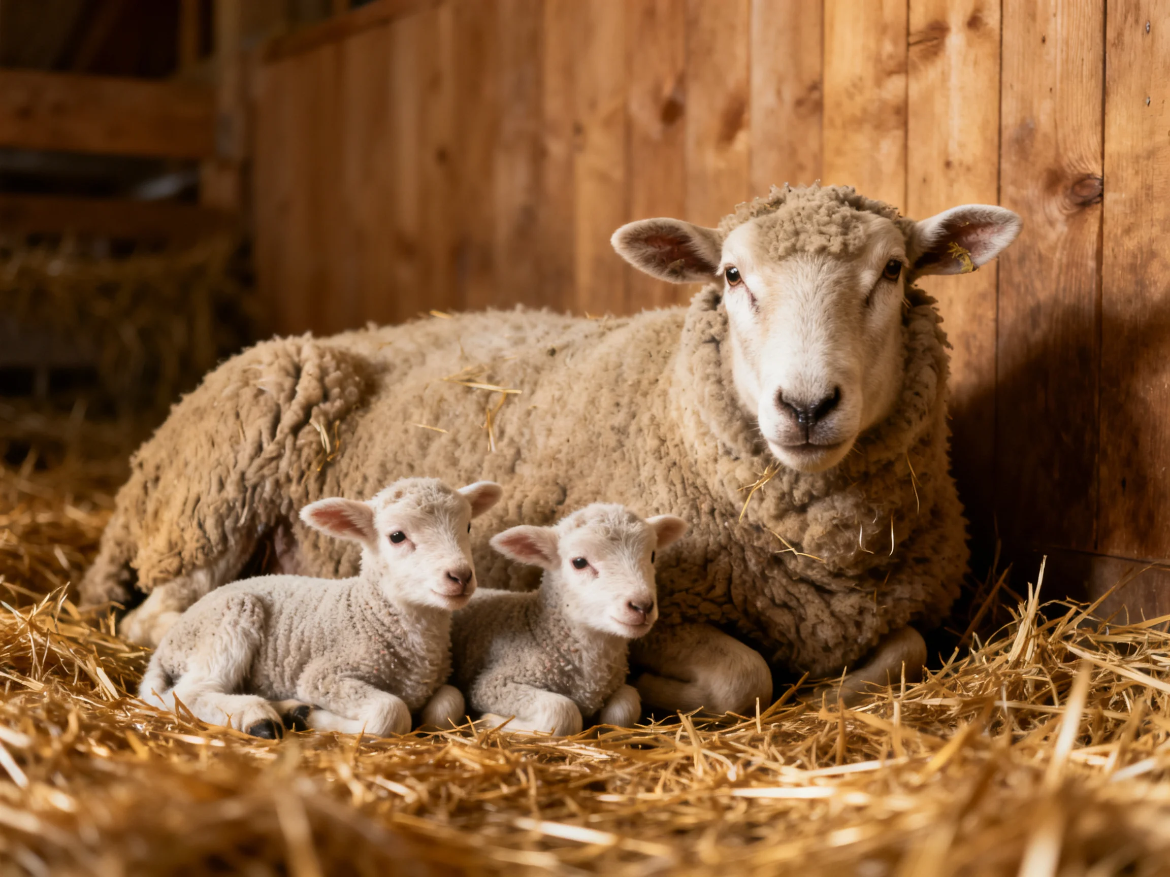 Adult sheep, two lambs rest on golden straw near wooden walls
