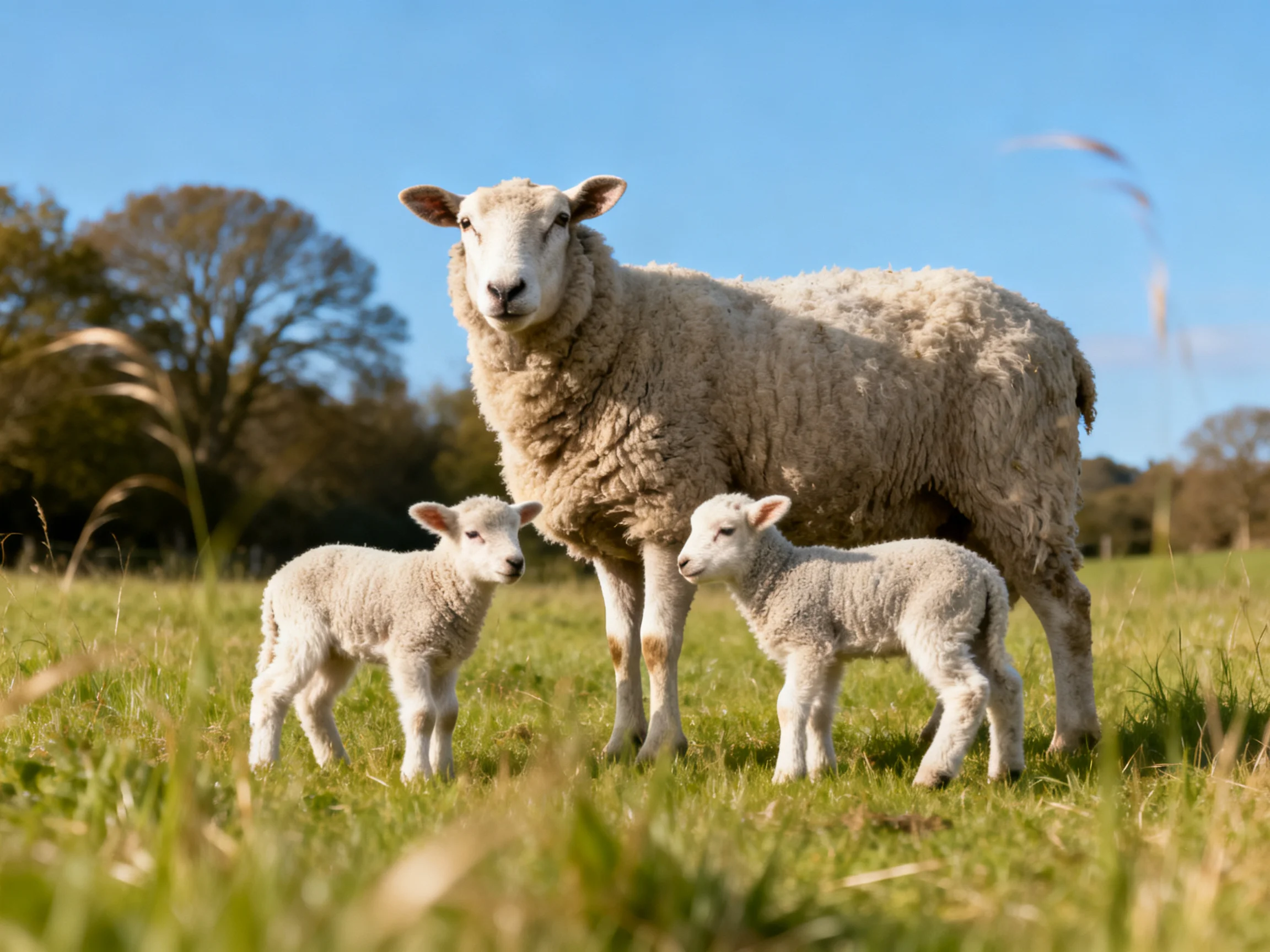 Adult sheep with two lambs in a sunny grassy field