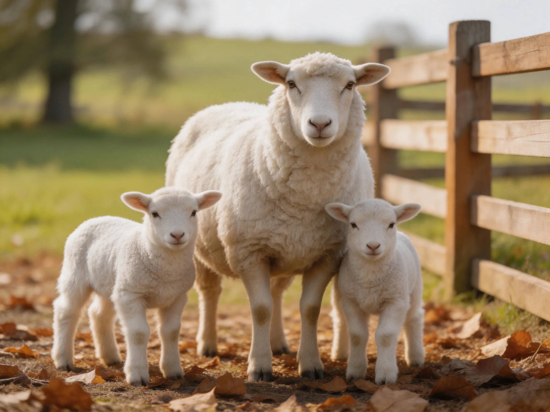 Adult sheep with two lambs near wooden fence in leaf-covered field